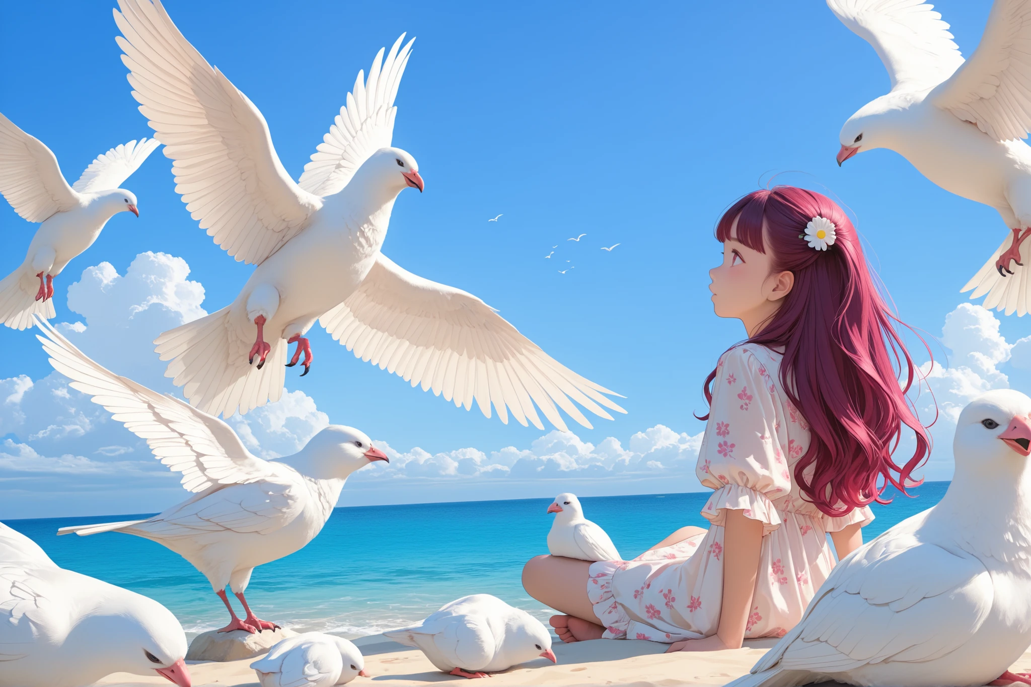 ultra sharp, 8k, Canon R5, 85mm f/1.2 lenses, Clean Exposure, Cinematic depth of field. outdoor, Paolo Peregrin's enigmatic atmosphere and Roger Deakins' moody lighting. young girl, (long reddish-purple red crimson long hair) ツインテールヘアー, arm behind head, look up, (baby-like face) (infant body shape) (short limbs) (wearing white silk blouse) full body (((lots of white birds flying around the blue sky and sea space))) (lots of white doves flying around) (A bird crosses in front of the girl) floral hair ornament, dramatic low key lighting. Ritualistic. mysterious, shallow depth of field. mysterious魅力, form below, half side view, low angle. full body. barefoot,
BREAK,
(最高品質, 8k,32K,傑作, 超高解像度:1.2),非常に詳細なCGユニティ8K壁紙,複雑な詳細,生写真,(写実的:1.4),雰囲気,超高解像度,現実istic,現実,巨大な_ファイルサイズ,非常に高解像度,(中央揃え:1.3),超イラスト,(超詳細な),シネマティックライティング,様々な色,被写界深度,アート:クレンツ・クシャールト,ゴールデンアワーライティング, を正確に描いた ,シグマアートレンズ 35mm F1.4,ISO 200 シャッタースピード 2000