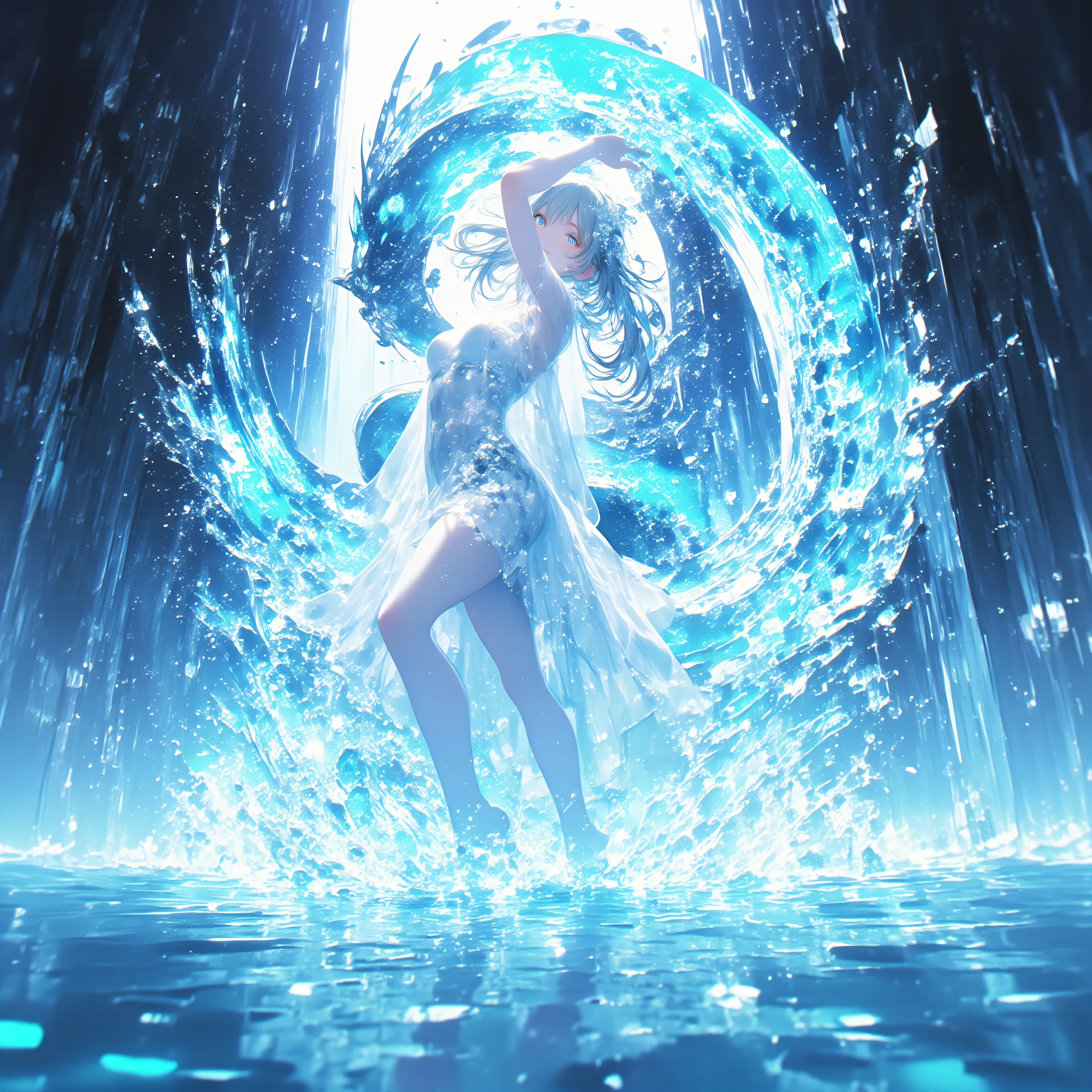 cowboy shot、A crystal cave hidden behind a majestic waterfall, wrapped in soft pale white light from above、A shining wall. beautiful with pale blue skin and long hair A young woman, and her finely woven pale blue hair dances gracefully with a transparent flowing dress. with her sexy, her curved body gracefully extends her arms、dazzling smile, as if merging with the surrounding water. she creates large ripples on the surface, a spectacular water dragon circling through the air, and countless glowing bubbles rise. and a breathtaking fantasy anime-style dynamic magical water effect. magical particles floating in the air are shining, and a magical water slide where little fairies carry joy with delicate feathers. seen from above, her flowing hair, See-Through Dress, and a breathtaking fantasy anime-style dynamic magical water effect. ultra high resolution, very high quality, perfect lighting and composition - a true masterpiece.