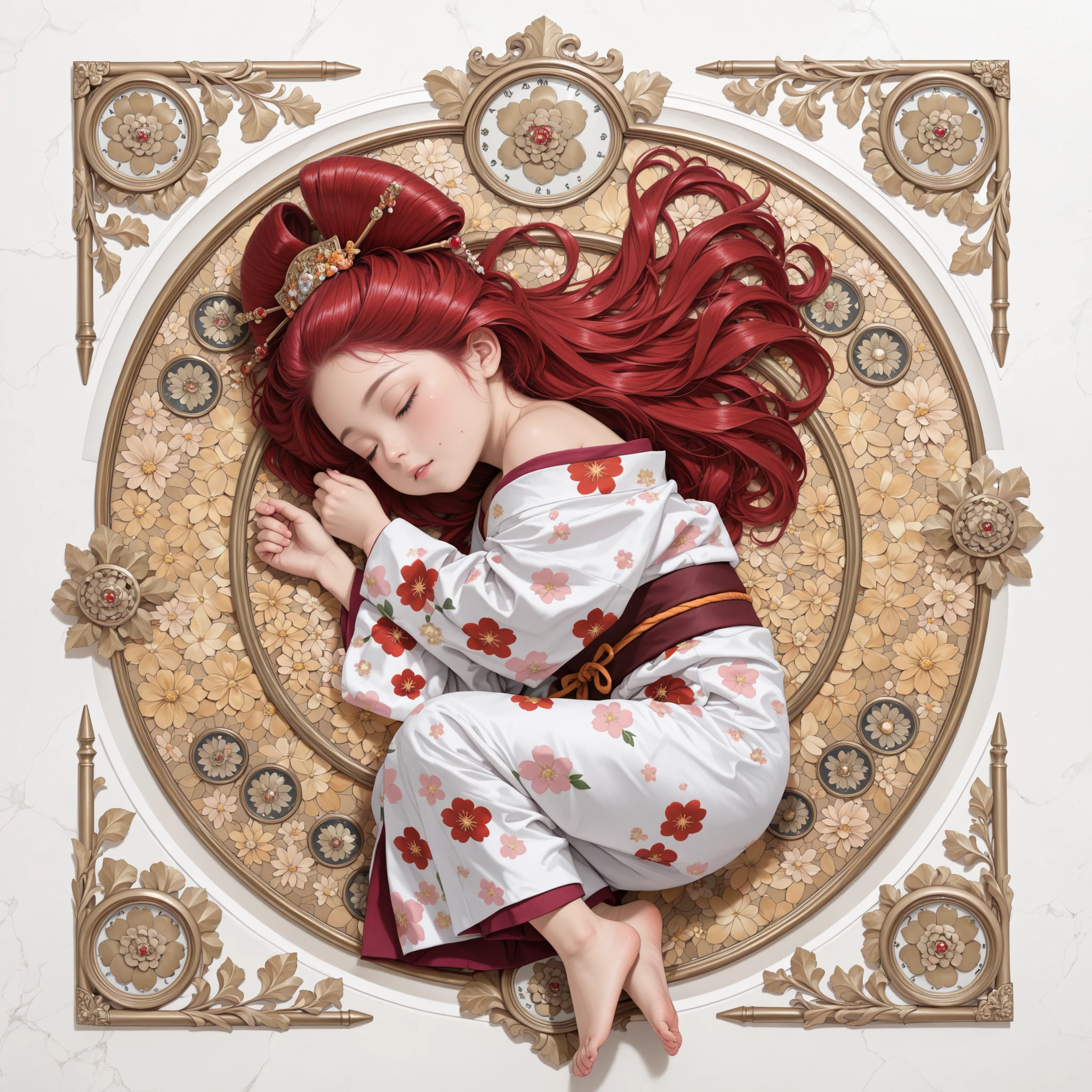 one kimono toddler girl, big head, baby-like face, ((sleep on one's face)) (((close eyes))) infant body shape, white skin, short limbs, (((long reddish-purple red crimson long hair))) (((ツインテールヘアー))) (big eyes), gold, silver and floral hair ornament, full body, dewy skin, infant body shape, short fingers
BREAK,
(Japanese kimono) (((5枚の重ね着))) (((Oiran-style))) (Oiran kimono) (off shoulder) ((long kimono)) (((white and pink and red and white kimono))) (kimono adorned with pink and gold floral patterns) ((白いストール)), full body, little character, face down,
BREAK,
simple background, kawaii style, big head, vivid colours, romanticism, atmospheric, (side view),
BREAK,
official art, unity 8k wallpaper, ultra detailed, beautiful and aesthetic, beautiful, masterpiece, best quality ((by Mucha)) ((art deco)) ((colorful)) masterpiece, high resolution, high definition, highest quality, digital painting, 4k, HDR, delicate texture, enchanting atmosphere,
BREAK,
(最高品質, 8k,32K,傑作, 超高解像度:1.2),非常に詳細なCGユニティ8K壁紙,複雑な詳細,生写真,(写実的:1.4),雰囲気,超高解像度,現実istic,現実,巨大な_ファイルサイズ,非常に高解像度,(中央揃え:1.3),超イラスト,(超詳細な),シネマティックライティング,様々な色,被写界深度,アート:クレンツ・クシャールト,ゴールデンアワーライティング, を正確に描いた ,シグマアートレンズ 35mm F1.4,ISO 200 シャッタースピード 2000