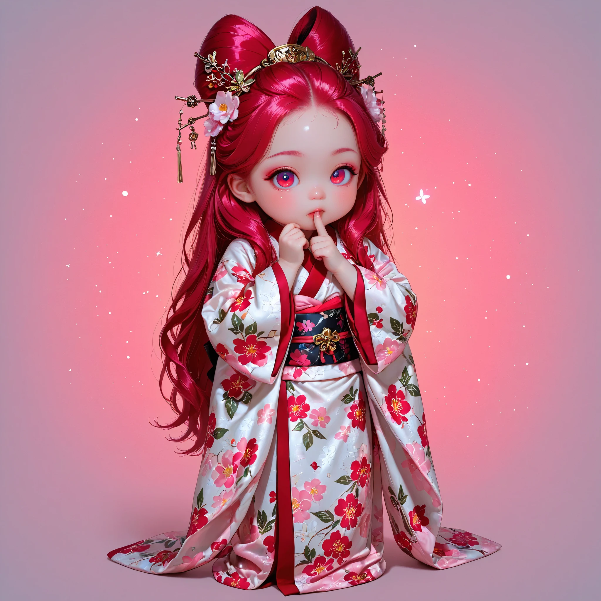 kimono toddler girl, big head, baby-like face, infant body shape, white skin, short limbs, (((long reddish-purple red crimson long hair))) (((ツインテールヘアー))) (((glowing sky-blue big eyes))), gold, silver and floral hair ornament, full body, dewy skin, infant body shape, put index finger on mouth,
BREAK,
(Japanese kimono) (((5枚の重ね着))) (((Oiran-style))) (Oiran kimono) (naked cleavage) ((long kimono)) (((red and pink and white kimono))) (kimono adorned with gold and silver floral patterns) ((白いストール)), full body, little character,
BREAK,
simple background, kawaii style, big head, vivid colours, romanticism, atmospheric,
BREAK,
official art, unity 8k wallpaper, ultra detailed, beautiful and aesthetic, beautiful, masterpiece, best quality ((by Mucha)) ((art deco)) ((botanical art)) ((flower art)) ((floral)) ((colorful)) masterpiece, high resolution, high definition, highest quality, digital painting, 4k, HDR, delicate texture, enchanting atmosphere,
BREAK,
(最高品質, 8k,32K,傑作, 超高解像度:1.2),非常に詳細なCGユニティ8K壁紙,複雑な詳細,生写真,(写実的:1.4),雰囲気,超高解像度,現実istic,現実,巨大な_ファイルサイズ,非常に高解像度,(中央揃え:1.3),超イラスト,(超詳細な),シネマティックライティング,様々な色,被写界深度,アート:クレンツ・クシャールト,ゴールデンアワーライティング, を正確に描いた ,シグマアートレンズ 35mm F1.4,ISO 200 シャッタースピード 2000