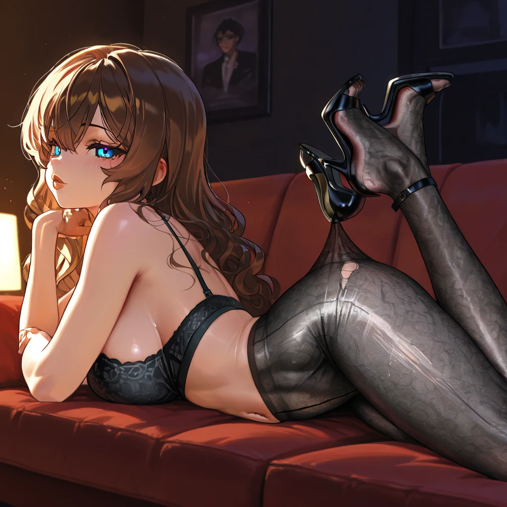 masutepiece, Best Quality, 1girl in, (Claire Redfield), Brown hair, (Yellow eyes:1.2),(Sleeveless knitwear)、((Denim ))、((Black thigh socks))、((Bedroom))、length hair、poneyTail、((embarassed expression))、((white ))、(Photo from below)