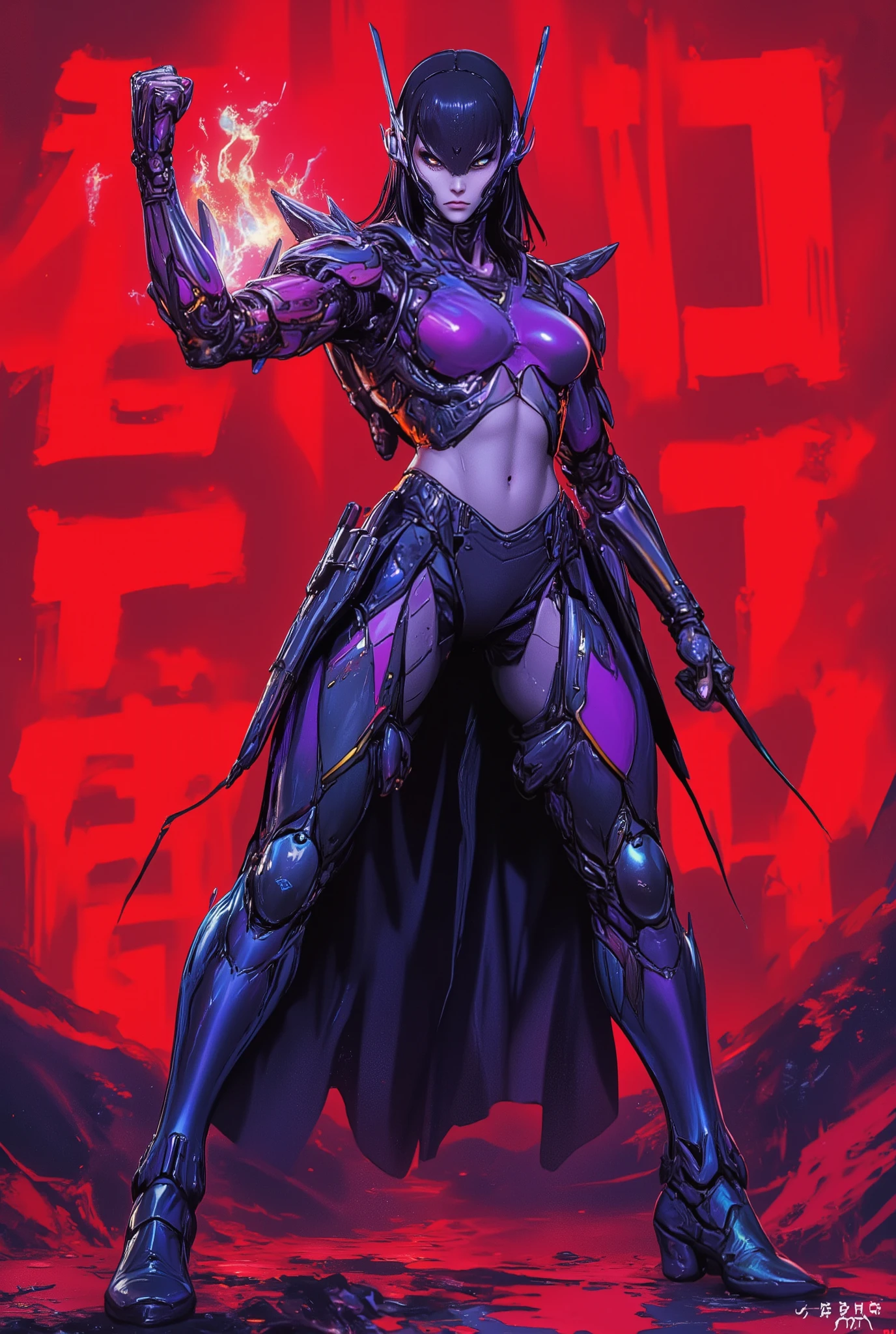 (Masterpiece:1.2), best quality, high resolution, Unity 8K Wallpaper, (super real illustration:1.0), Beautiful Details, very detailed on trends, perfect lighting, neon colored, very detailed on trends CG, Shine eyes, backlit, armor, Shine, full_armor, warframe, stunning humanoid_robot lady, tall, (Martial arts fighting pose:1.5),  mask ,sample_background, arms, scary monsters, iridescent purple and cian  and matt white_armor, Audience, alone, perspective, Anatomical accuracy, bold composition, cool fighting pose, Burning Fist, Exudes an aura