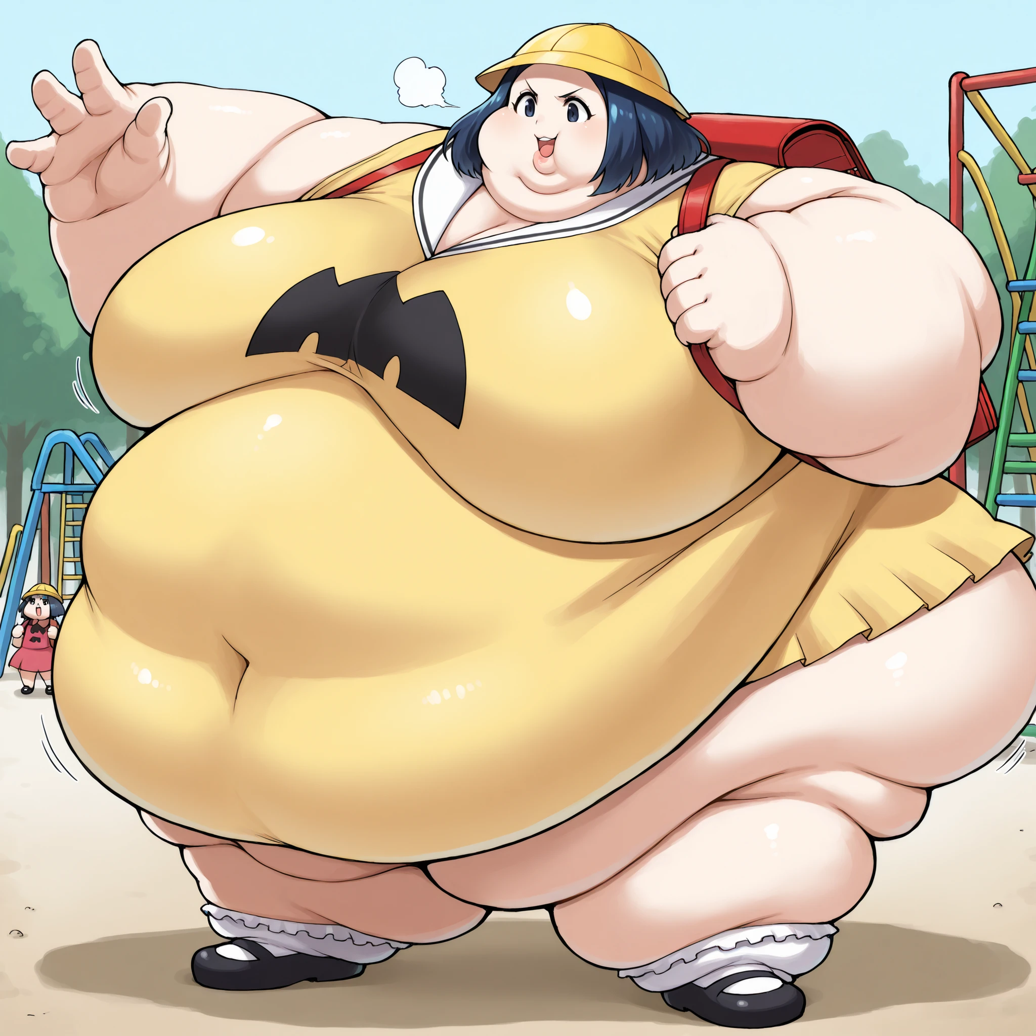 tmgrnt, dark blue hair, forehead, dark blue eyes, big breasts, very short skirt, dress,yellow school hat,vinyl red school backpack,bobby socks,mary janes,school, fat, chubby, obese, fat neck, multiple chins, big breasts open mouth, out of breath, Larger female, full body shot, only head, large head, oversized limbs, large hands, large feet, oversized feet, oversized fingers, big lips, plump lips, fat face, fupa, big fupa, fat fupa, hunchback, going to pre school, playground, playing, innocent smile 