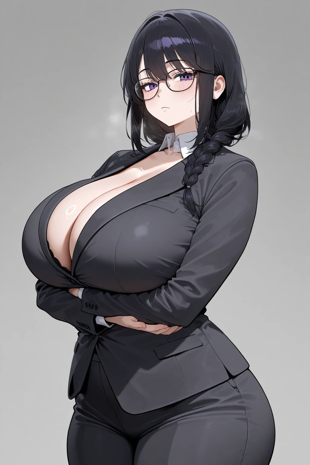 Women with long black hair，bangs cover one eye，Yellow eyes，huge tit，Issuing，a black choker，Black glasses，k hd，White casual clothes，Home background，Knitted coat