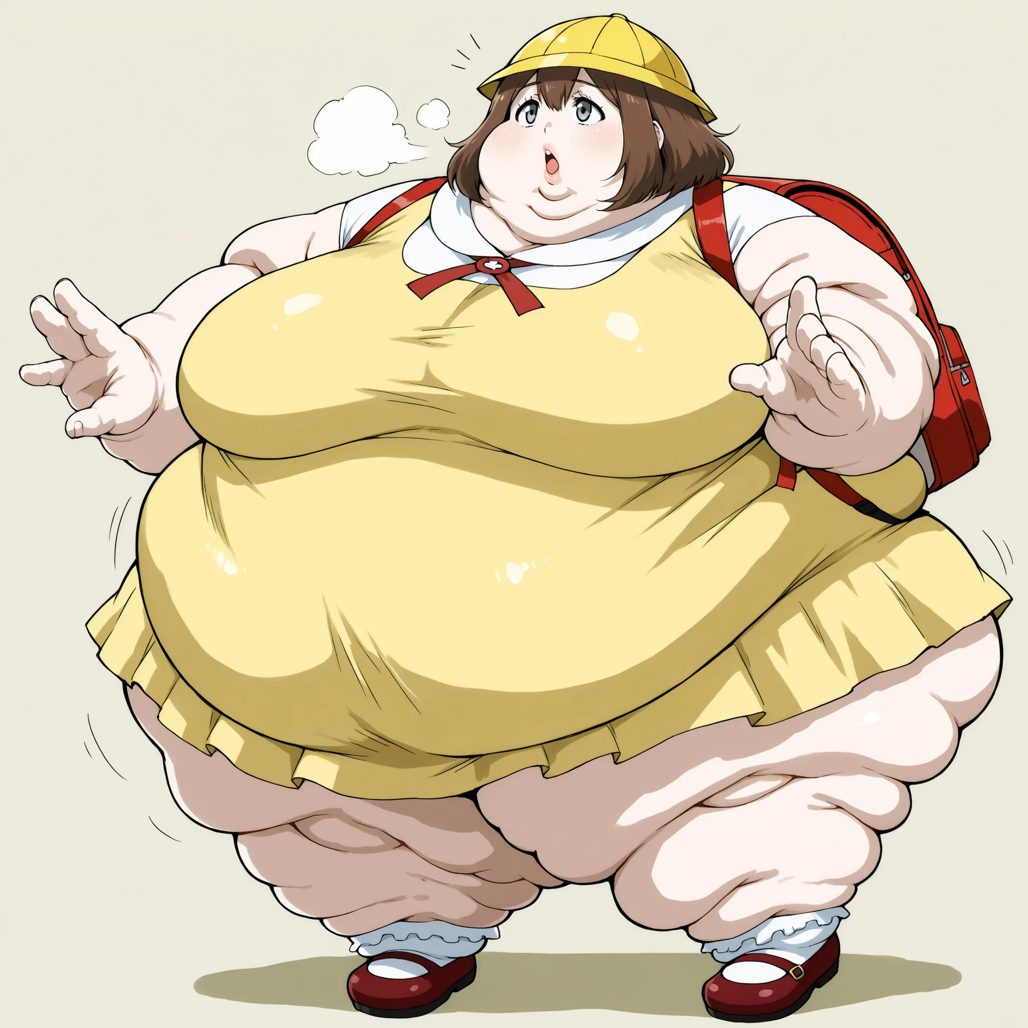 Mayoras, grey eyes
1default1, brown hair, very short skirt, dress,yellow school hat,vinyl red school backpack,bobby socks,mary janes,school, fat, chubby, obese, fat neck, multiple chins, big breasts open mouth, out of breath, Larger female, full body shot, only head, large head, oversized limbs, large hands, large feet, oversized feet, oversized fingers, big lips, plump lips, fat face, fupa, big fupa, fat fupa, hunchback,