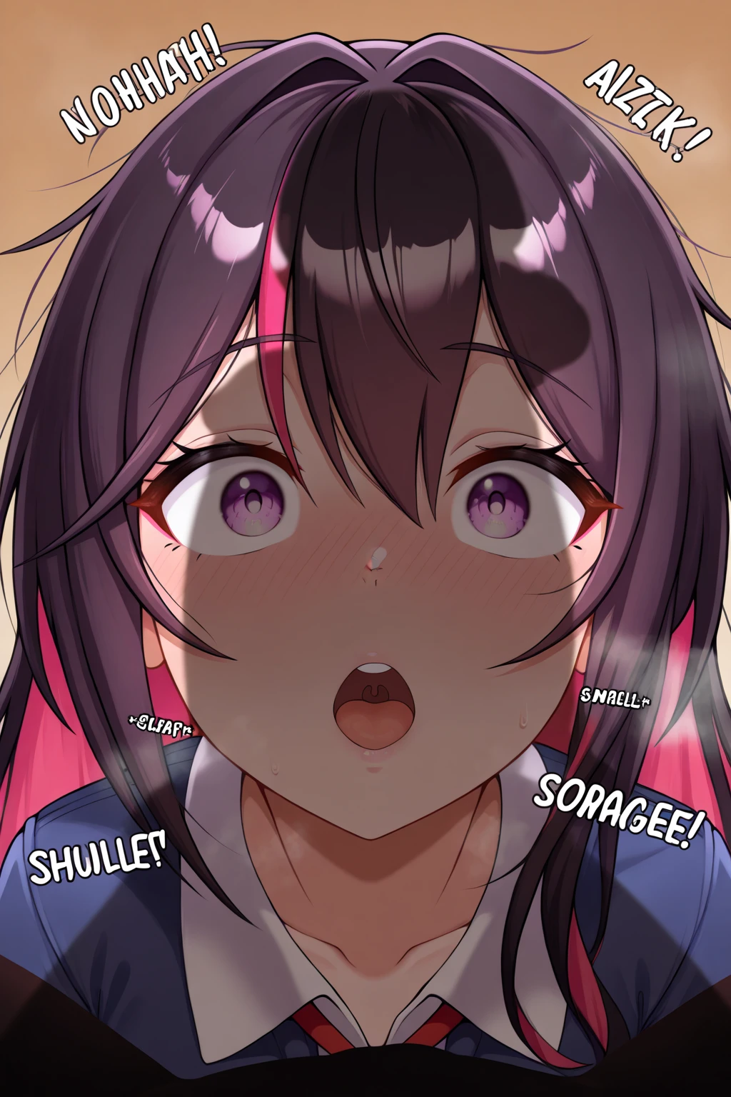 ((masterpiece, best quality)),high resolution,ultra detailed,8k,16k,detailed background, perfect lighting,detailed beautiful eyes,1girl,,embarrassed,blush,look at viewer,steam,sweat,aroused, eye,(from above,from front:1.4),(pov:1.4),face focus,fisheye lens,1boy,1,(),(deep :1.4),(:1.3),:>=,( in mouth),hetero,deep blue hair,blue eyes,dawn \(pokemon\),short stature,pale skin,small breast,house,(flat anime style),white shirt,black sleeveless jacket,red scarf,pink skirt,white beanie,hair ornament,long hair