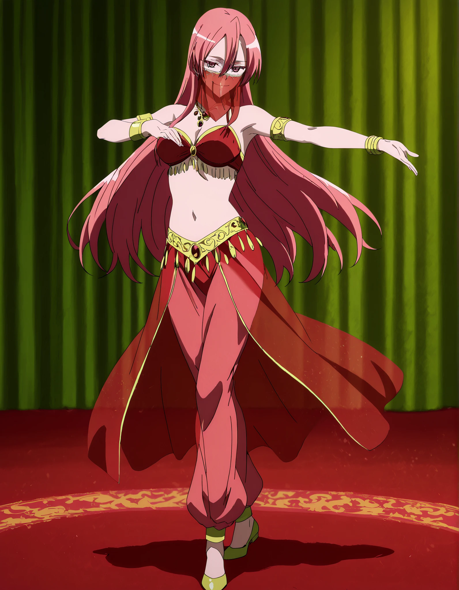 (1girl:1 . 5) , (Seul:1 . 5) , score_9 , score_8_haut , score_7_haut , source_anime , Official work  , ultra-detailed , masterpiece , best quality , high resolution , beaux yeux , detailed eyes , Detailed face , beautiful detailed eyes,1girl,pink eyes, hair between eyes, long hair, pink hair, straight hair,Akame ga Kill!,Chelsea,Arabian Clothes , Arabian Dancer Outfit ,belly dancer costume,belly dancer outfit ,full body,golden jewelery,mouth veil,armlet, belly dancing,arabian theater,seductive smile, dancing with veil, dynamic movement,dance posture,  pose