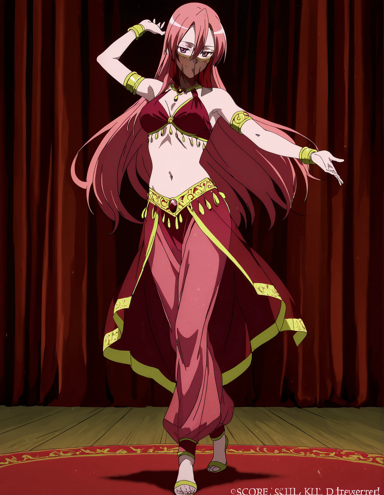 (1girl:1 . 5) , (Seul:1 . 5) , score_9 , score_8_haut , score_7_haut , source_anime , Official work  , ultra-detailed , masterpiece , best quality , high resolution , beaux yeux , detailed eyes , Detailed face , beautiful detailed eyes,1girl,pink eyes, hair between eyes, long hair, pink hair, straight hair,Akame ga Kill!,Chelsea,Arabian Clothes , Arabian Dancer Outfit ,belly dancer costume,belly dancer outfit ,full body,golden jewelery,mouth veil,armlet, belly dancing,arabian theater,seductive smile, dancing with veil, dynamic movement,dance posture,  pose