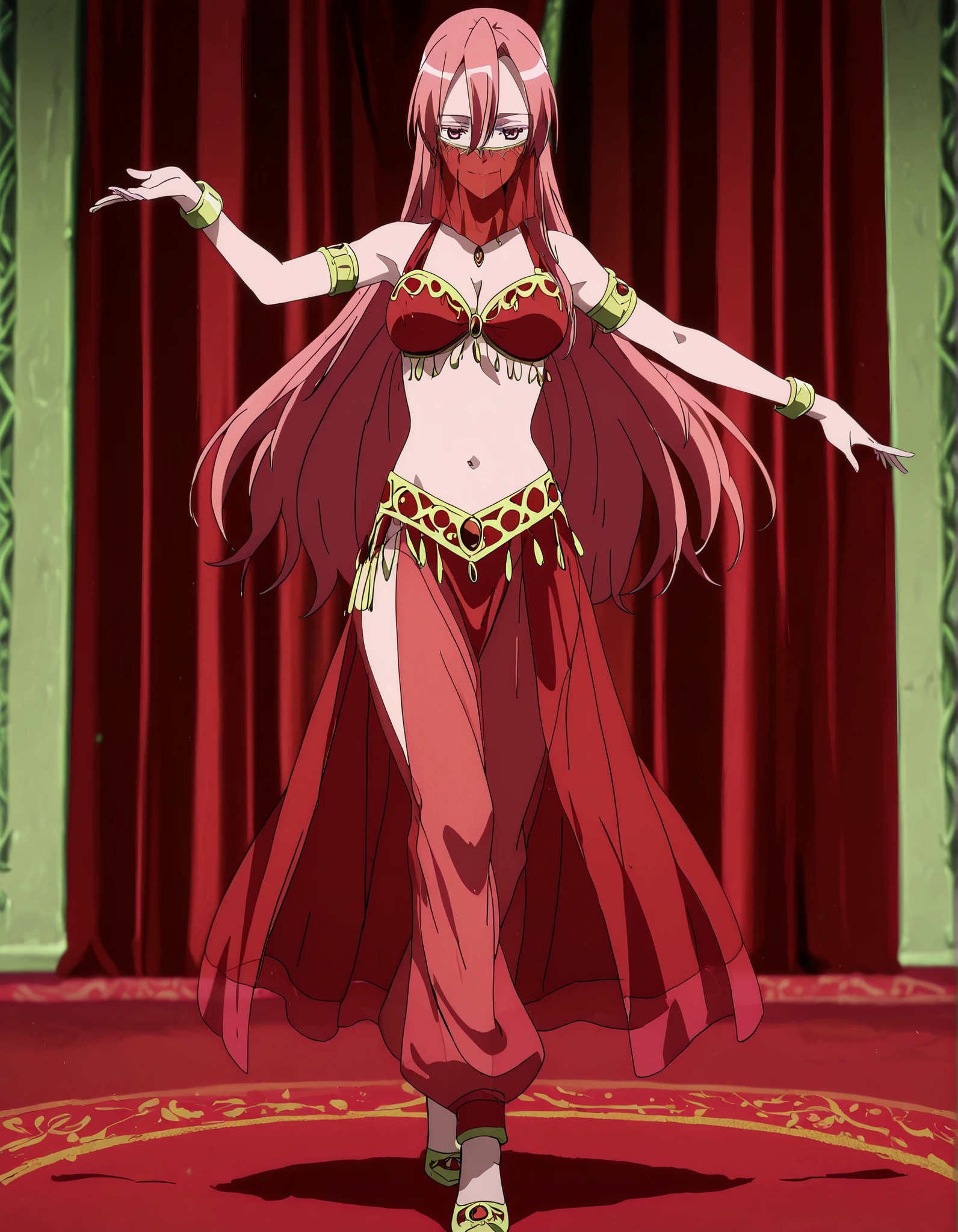 (1girl:1 . 5) , (Seul:1 . 5) , score_9 , score_8_haut , score_7_haut , source_anime , Official work , ultra-detailed , masterpiece , best quality , high resolution , beaux yeux , detailed eyes , Detailed face , beautiful detailed eyes,1girl,pink eyes, hair between eyes, long hair, pink hair, straight hair,Akame ga Kill!,Chelsea,Arabian Clothes , Arabian Dancer Outfit ,belly dancer costume,belly dancer outfit ,full body,golden jewelery,mouth veil,armlet, belly dancing,arabian theater,seductive smile, dancing with veil, dynamic movement,dance posture, pose