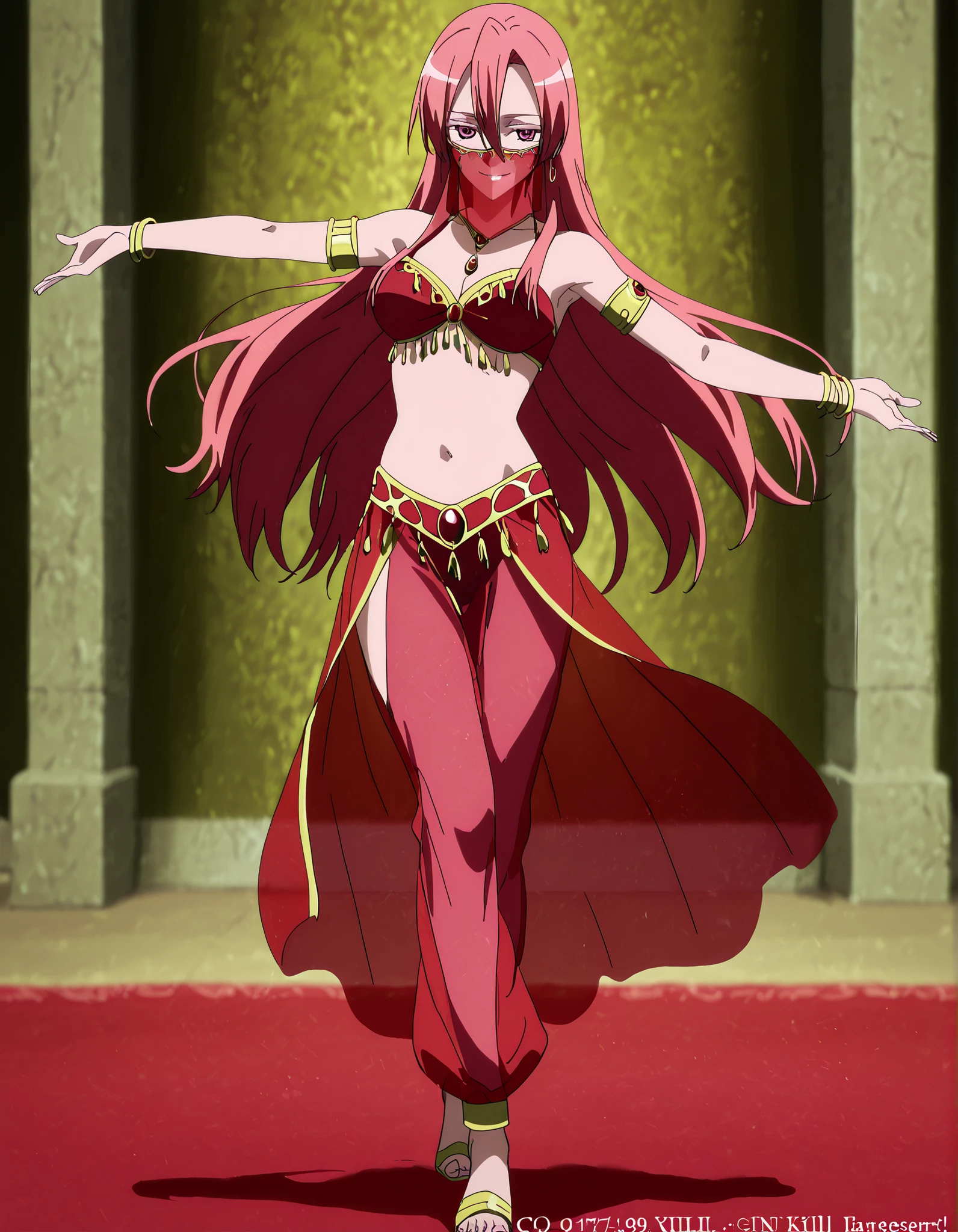 (1girl:1 . 5) , (Seul:1 . 5) , score_9 , score_8_haut , score_7_haut , source_anime , Official work  , ultra-detailed , masterpiece , best quality , high resolution , beaux yeux , detailed eyes , Detailed face , beautiful detailed eyes,1girl,pink eyes, hair between eyes, long hair, pink hair, straight hair,Akame ga Kill!,Chelsea,Arabian Clothes , Arabian Dancer Outfit ,belly dancer costume,belly dancer outfit ,full body,golden jewelery,mouth veil,armlet, belly dancing,arabian theater,seductive smile, dancing with veil, dynamic movement,dance posture,  pose
