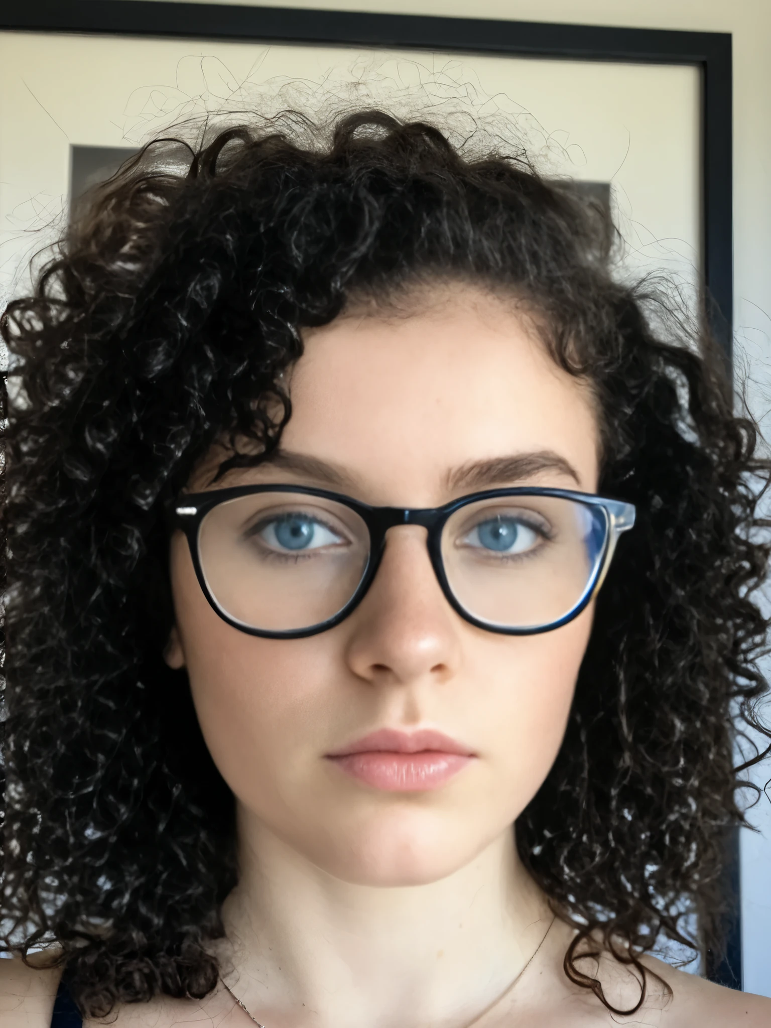 Photo of a 20-year-old white girl with black curly hair similar to the Kalogeras sisters, raw, Beautiful woman, (framed by glasses), blue eyes, ((Detailed face:1.2)), ((detailed facial features)), (finely detailed skin), glasses-clad, pale skin, ((No background)), glancing directly at the camera, (high contrast), hyper-detailed, realistic skin texture, ((High quality:1.4)), ultra-high resolution, (photorealistic: 1.4), high resolution, detailed, raw photo, sharp focus, by Lee Jeffries, Nikon D850, film stock photography, 4 cameras, K