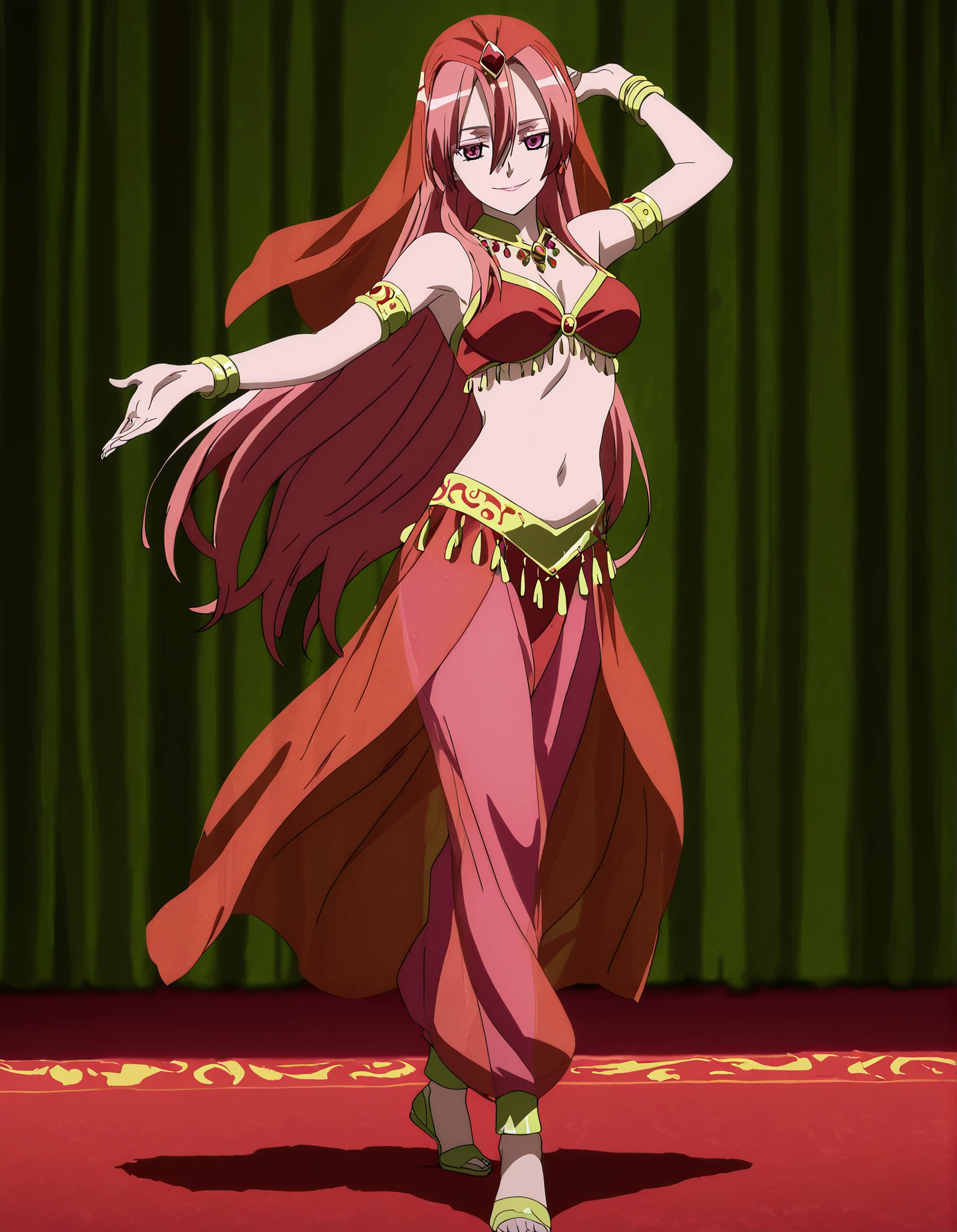 (1girl:1 . 5) , (Seul:1 . 5) , score_9 , score_8_haut , score_7_haut , source_anime , Official work  , ultra-detailed , masterpiece , best quality , high resolution , beaux yeux , detailed eyes , Detailed face , beautiful detailed eyes,1girl,pink eyes, hair between eyes, long hair, pink hair, straight hair,Akame ga Kill!,Chelsea,Arabian Clothes , Arabian Dancer Outfit ,belly dancer costume,belly dancer outfit ,full body,golden jewelery,armlet, belly dancing,arabian theater,seductive smile, dancing with veil, dynamic movement,dance posture,  pose