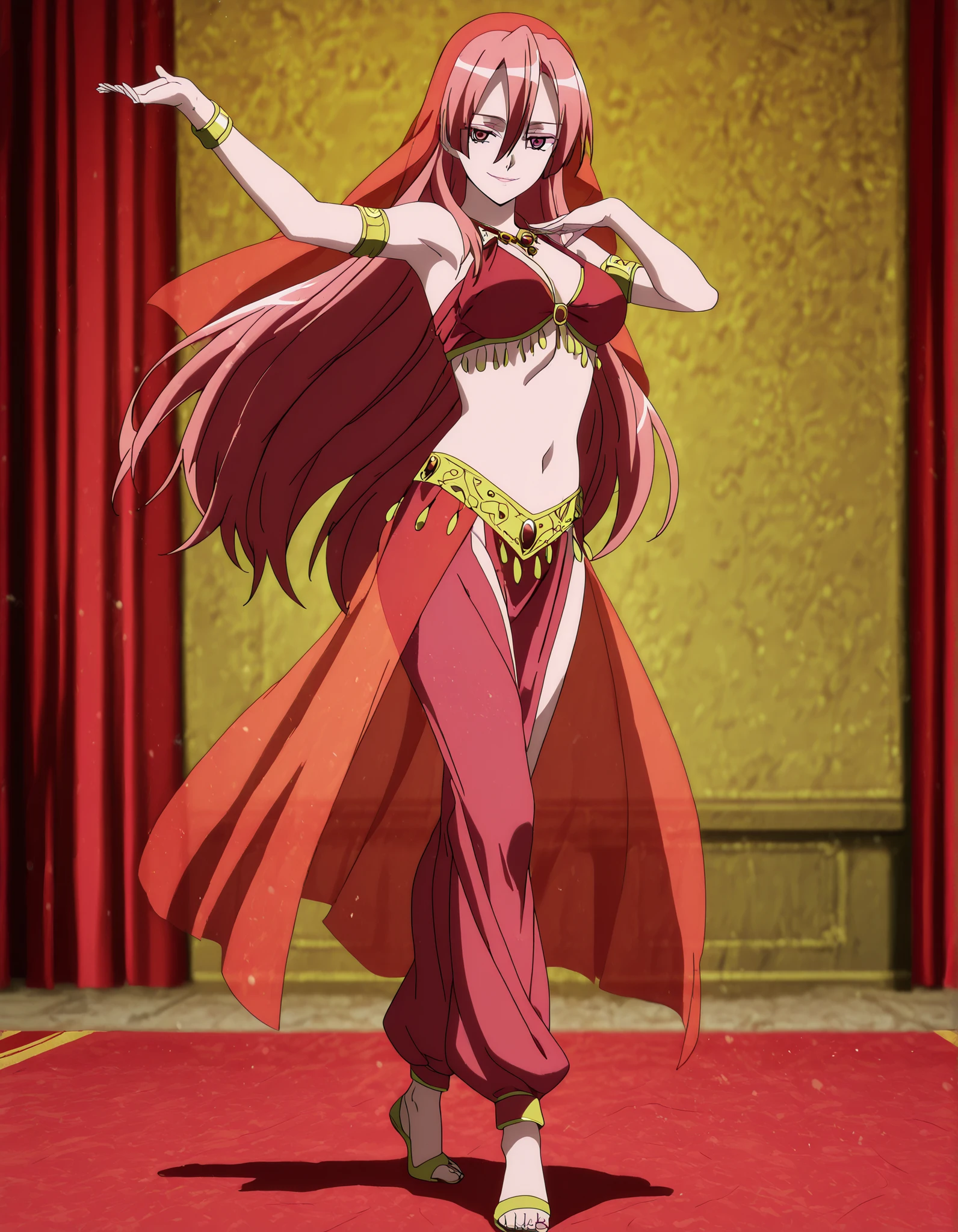 (1girl:1 . 5) , (Seul:1 . 5) , score_9 , score_8_haut , score_7_haut , source_anime , Official work  , ultra-detailed , masterpiece , best quality , high resolution , beaux yeux , detailed eyes , Detailed face , beautiful detailed eyes,1girl,pink eyes, hair between eyes, long hair, pink hair, straight hair,Akame ga Kill!,Chelsea,Arabian Clothes , Arabian Dancer Outfit ,belly dancer costume,belly dancer outfit ,full body,golden jewelery,armlet, belly dancing,arabian theater,seductive smile, dancing with veil, dynamic movement,dance posture,  pose