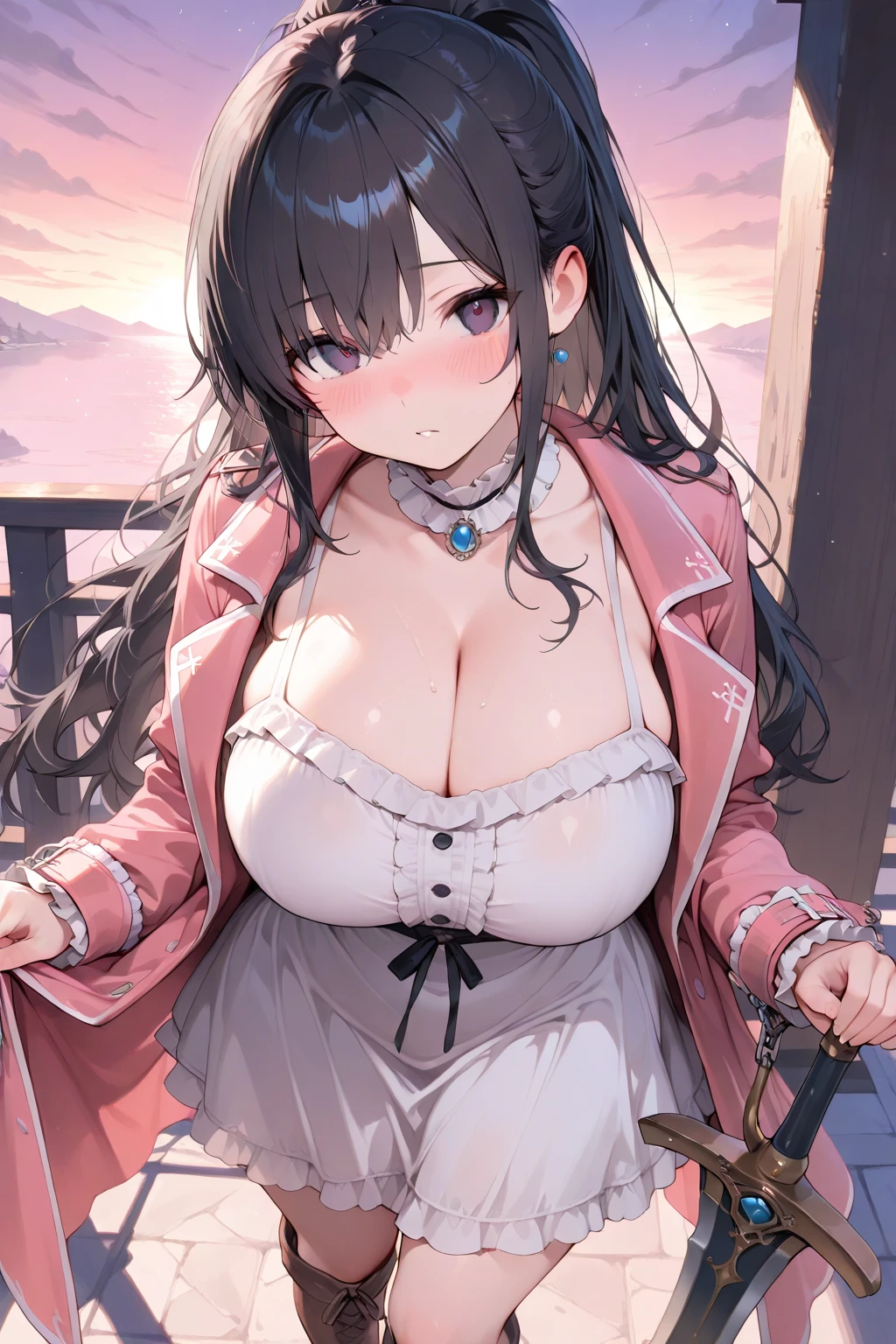 Wife 30 years old，widow，tie up brown hair，Black Kimono，Lipstick，Huge big breasts，rain，cloudy day，sorrow，sit down，Disheveled，Showing cleavage，Soaked all over，Japan Cemetery