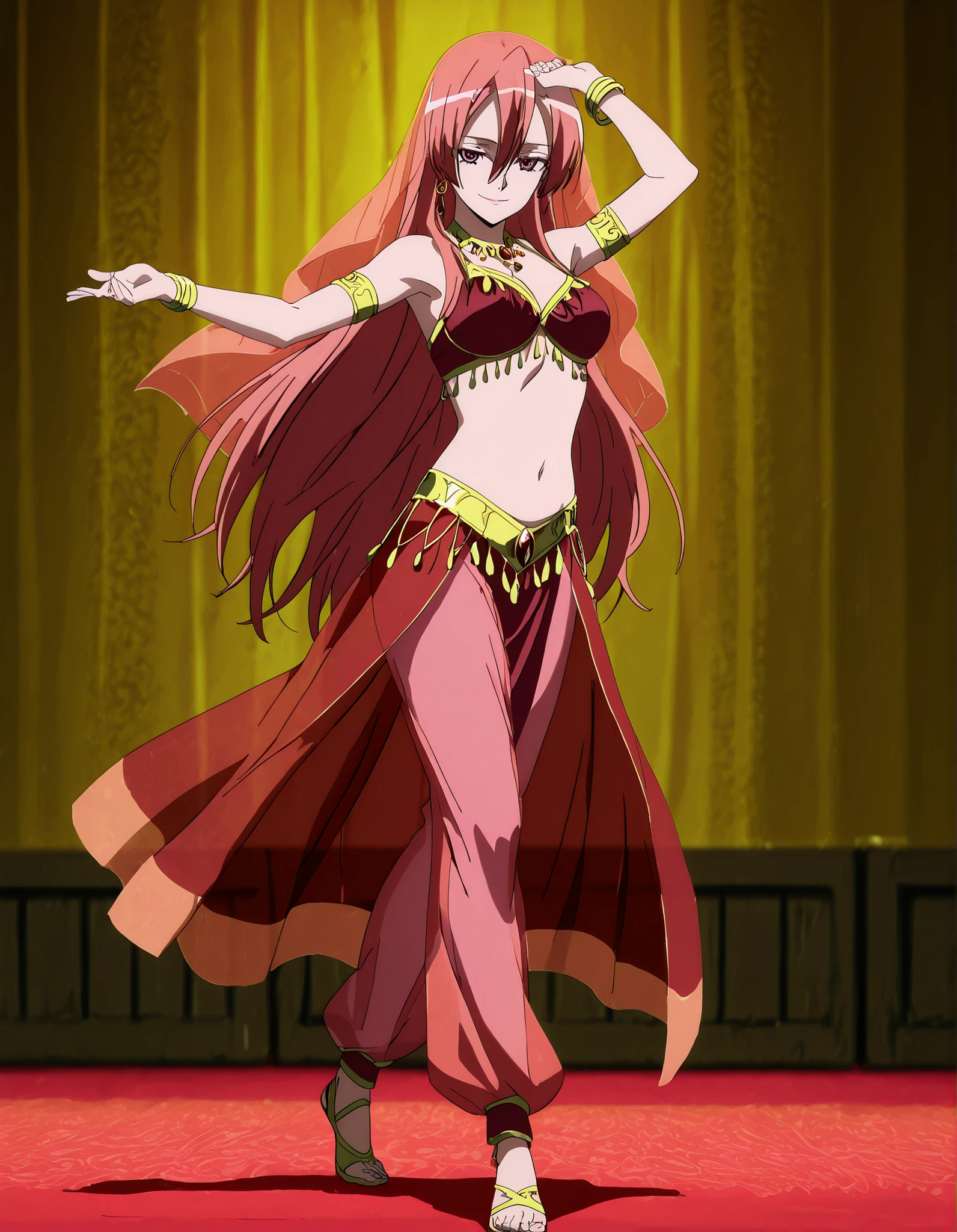 (1girl:1 . 5) , (Seul:1 . 5) , score_9 , score_8_haut , score_7_haut , source_anime , Official work  , ultra-detailed , masterpiece , best quality , high resolution , beaux yeux , detailed eyes , Detailed face , beautiful detailed eyes,1girl,pink eyes, hair between eyes, long hair, pink hair, straight hair,Akame ga Kill!,Chelsea,Arabian Clothes , Arabian Dancer Outfit ,belly dancer costume,belly dancer outfit ,full body,golden jewelery,armlet, belly dancing,arabian theater,seductive smile, dancing with veil, dynamic movement,dance posture,  pose