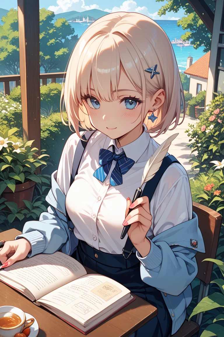 (((1 person　Gray Hair　Holding a pen　classroom　Chair　sit)))　((High resolution　short hair　tie　Black Skirt　Rin々Funny face　))　((student　blue eyes　Close-up))　((Blue Butterfly　night　学校のclassroom　Shining Aura　sit　Catch the wind　Looking at the moon outside))　(smile　Bathed in light)　月night　moonlight　star　Shuriken　Shining Background　Shining Edge