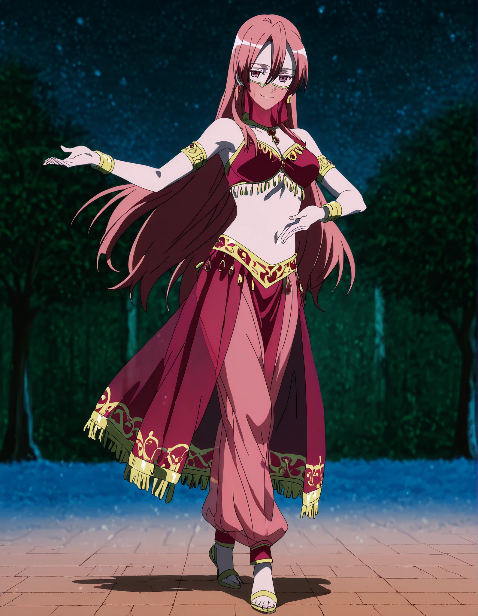 (1girl:1 . 5) , (Seul:1 . 5) , score_9 , score_8_haut , score_7_haut , source_anime , Official work  , ultra-detailed , masterpiece , best quality , high resolution , beaux yeux , detailed eyes , Detailed face , beautiful detailed eyes,1girl,pink eyes, hair between eyes, long hair, pink hair, straight hair,Akame ga Kill!,Chelsea,Arabian Clothes , Arabian Dancer Outfit ,belly dancer costume,belly dancer outfit ,full body,golden jewelery,mouth veil,armlet, belly dancing,night,arabian garden,seductive smile, dancing with veil, dynamic movement,dance posture,  pose