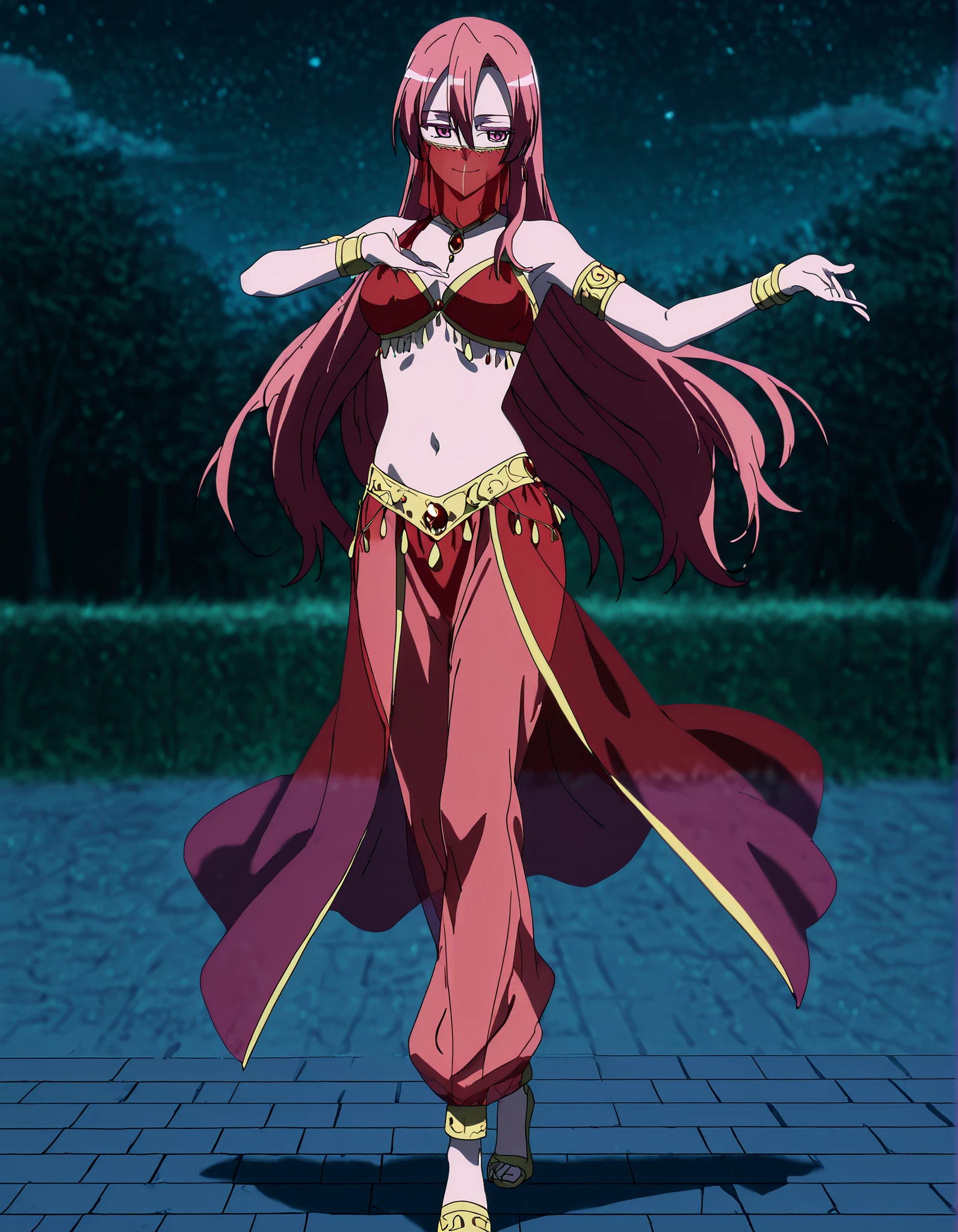 (1girl:1 . 5) , (Seul:1 . 5) , score_9 , score_8_haut , score_7_haut , source_anime , Official work , ultra-detailed , masterpiece , best quality , high resolution , beaux yeux , detailed eyes , Detailed face , beautiful detailed eyes,1girl,pink eyes, hair between eyes, long hair, pink hair, straight hair,Akame ga Kill!,Chelsea,Arabian Clothes , Arabian Dancer Outfit ,belly dancer costume,belly dancer outfit ,full body,golden jewelery,mouth veil,armlet, belly dancing,night,arabian garden,seductive smile, dancing with veil, dynamic movement,dance posture, pose