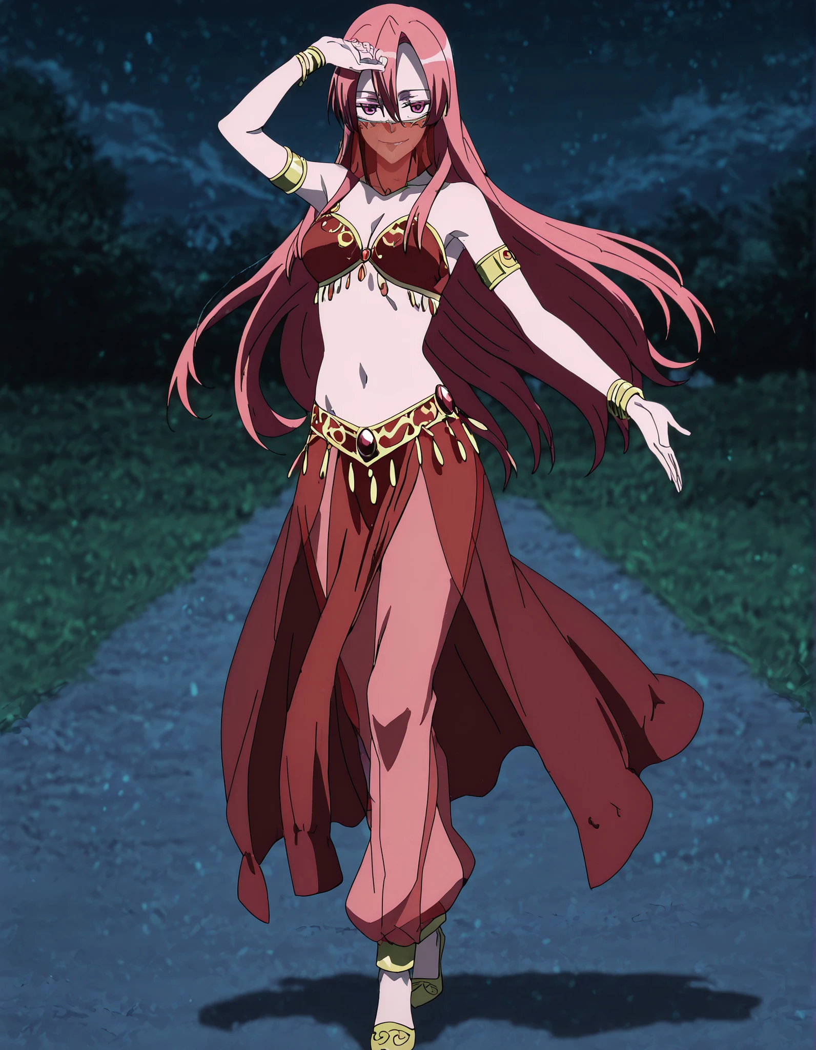 (1girl:1 . 5) , (Seul:1 . 5) , score_9 , score_8_haut , score_7_haut , source_anime , Official work  , ultra-detailed , masterpiece , best quality , high resolution , beaux yeux , detailed eyes , Detailed face , beautiful detailed eyes,1girl,pink eyes, hair between eyes, long hair, pink hair, straight hair,Akame ga Kill!,Chelsea,Arabian Clothes , Arabian Dancer Outfit ,belly dancer costume,belly dancer outfit ,full body,golden jewelery,mouth veil,armlet, belly dancing,night,arabian garden,seductive smile, dancing with veil, dynamic movement,dance posture,  pose