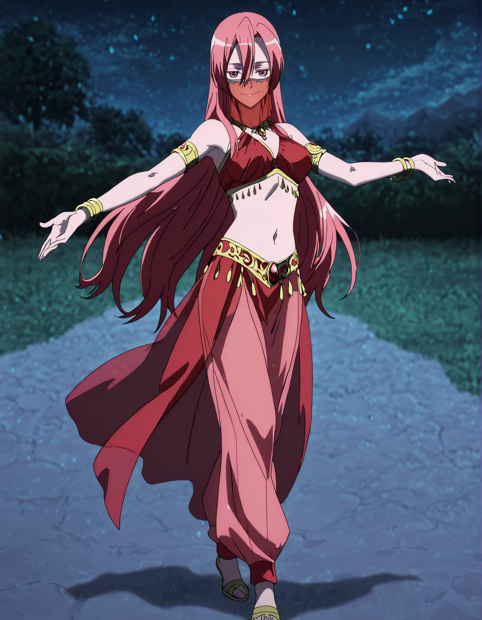 (1girl:1 . 5) , (Seul:1 . 5) , score_9 , score_8_haut , score_7_haut , source_anime , Official work  , ultra-detailed , masterpiece , best quality , high resolution , beaux yeux , detailed eyes , Detailed face , beautiful detailed eyes,1girl,pink eyes, hair between eyes, long hair, pink hair, straight hair,Akame ga Kill!,Chelsea,Arabian Clothes , Arabian Dancer Outfit ,belly dancer costume,belly dancer outfit ,full body,golden jewelery,mouth veil,armlet, belly dancing,night,arabian garden,seductive smile, dancing with veil, dynamic movement,dance posture,  pose