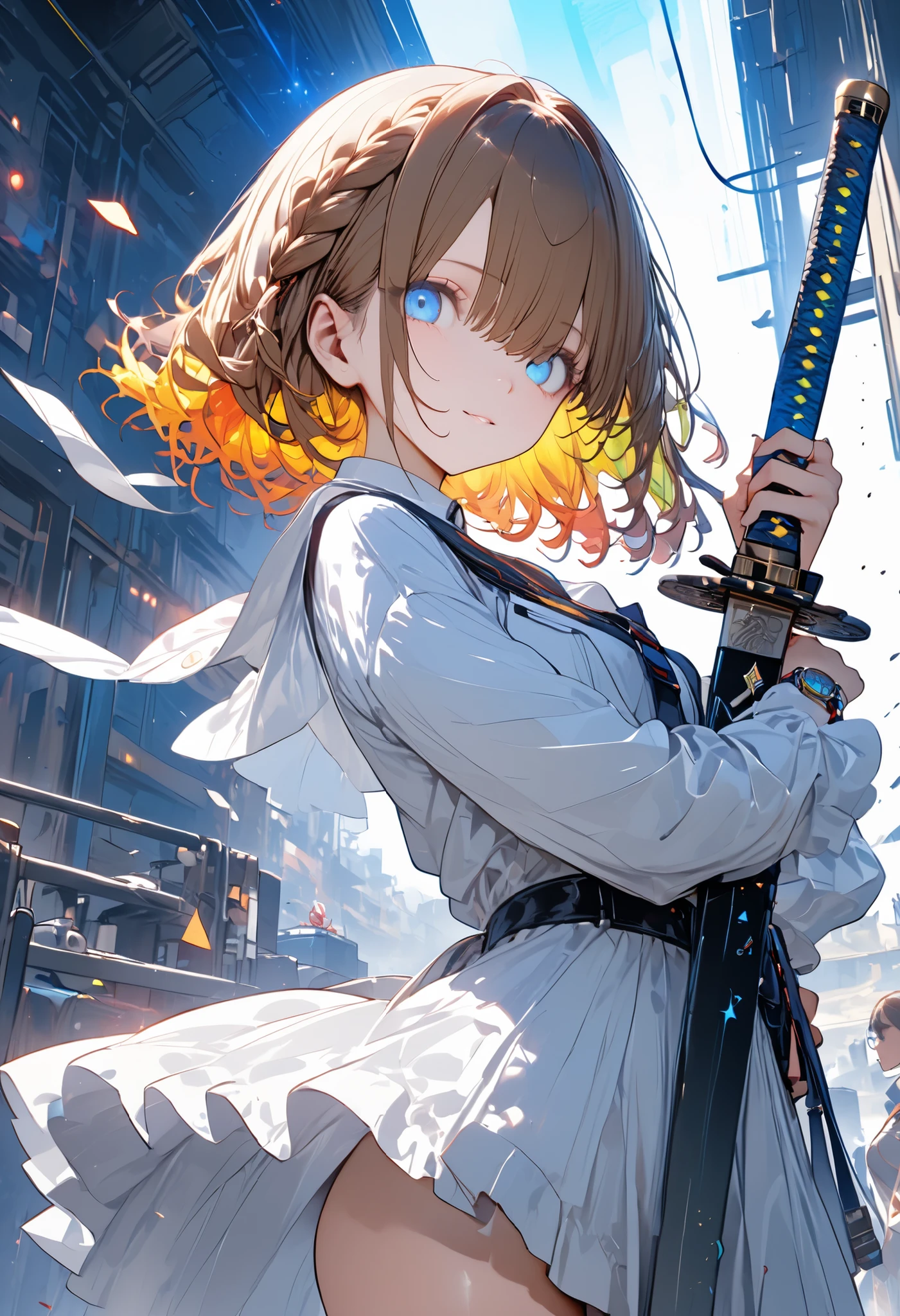 Curved Sword Engineer、Cutting through Metal with a Bay Sword,Soldier who analyzes battlefields with theory,Perfect Coexistence of Reason and Violence、masterpiece,(masterpiece),fuill body ,best quality ,(Highest Quality), cinematiclighting ,(Cinematic Lights)、beautiful detailed eyes ,eye detail connected to an electric wire,uitra-detailed,(Super Detailed),highresolution, (high definition),8k,8K resolution,official art,(official illustration style),(masterpiece,Highest Quality,ULTRA DETAIL,超high definition,detailed background),((Color)),((colorful)),(1girl),watch the viewers,solo,brown hair,shortcuts with solid,unkempt hair,Short braided hair,Neat,slender beauty,correct attitude,small breasted,beautiful legs,his enchanting gray-blue eyes shine like stars,Saggy Eyes,bright colors,Beautiful Eyes,A delicate smile,Textured Skin,best quality,gentle and beautiful woman,anime style、meteor、空から降り注ぐmeteor、無数のmeteor群、