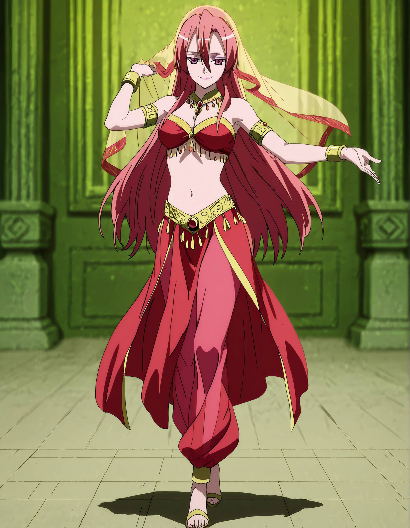 (1girl:1 . 5) , (Seul:1 . 5) , score_9 , score_8_haut , score_7_haut , source_anime , Official work  , ultra-detailed , masterpiece , best quality , high resolution , beaux yeux , detailed eyes , Detailed face , beautiful detailed eyes,1girl,pink eyes, hair between eyes, long hair, pink hair, straight hair,Akame ga Kill!,Chelsea,Arabian Clothes , Arabian Dancer Outfit ,belly dancer costume,belly dancer outfit ,full body,golden jewelery,armlet, belly dancing,arabian garden,seductive smile, dancing with veil, dynamic movement,dance posture,  pose