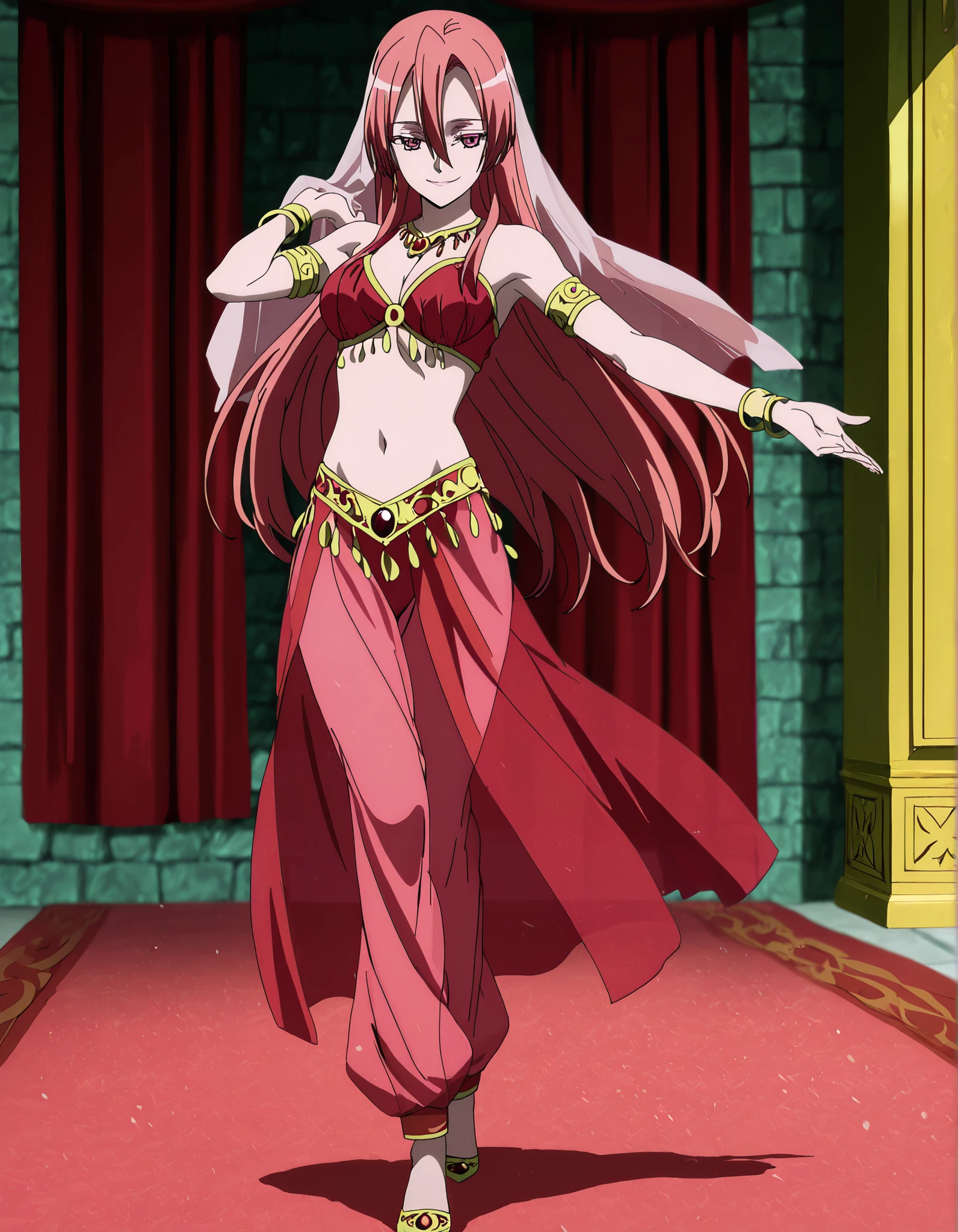 (1girl:1 . 5) , (Seul:1 . 5) , score_9 , score_8_haut , score_7_haut , source_anime , Official work , ultra-detailed , masterpiece , best quality , high resolution , beaux yeux , detailed eyes , Detailed face , beautiful detailed eyes,1girl,pink eyes, hair between eyes, long hair, pink hair, straight hair,Akame ga Kill!,Chelsea,Arabian Clothes , Arabian Dancer Outfit ,belly dancer costume,belly dancer outfit ,full body,golden jewelery,armlet, belly dancing,arabian garden,seductive smile, dancing with veil, dynamic movement,dance posture, pose