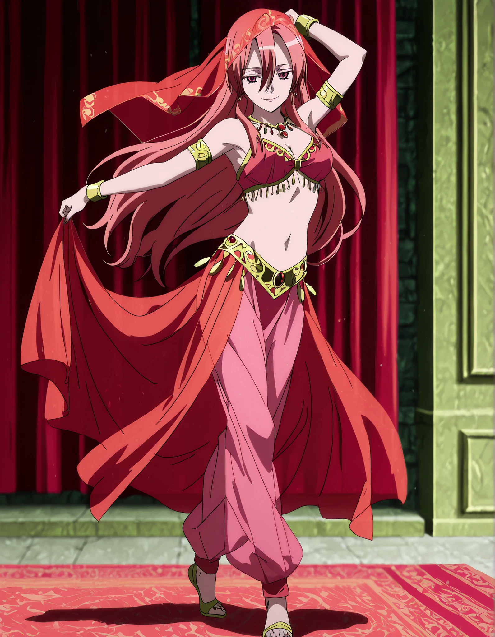 (1girl:1 . 5) , (Seul:1 . 5) , score_9 , score_8_haut , score_7_haut , source_anime , Official work  , ultra-detailed , masterpiece , best quality , high resolution , beaux yeux , detailed eyes , Detailed face , beautiful detailed eyes,1girl,pink eyes, hair between eyes, long hair, pink hair, straight hair,Akame ga Kill!,Chelsea,Arabian Clothes , Arabian Dancer Outfit ,belly dancer costume,belly dancer outfit ,full body,golden jewelery,armlet, belly dancing,arabian garden,seductive smile, dancing with veil, dynamic movement,dance posture,  pose