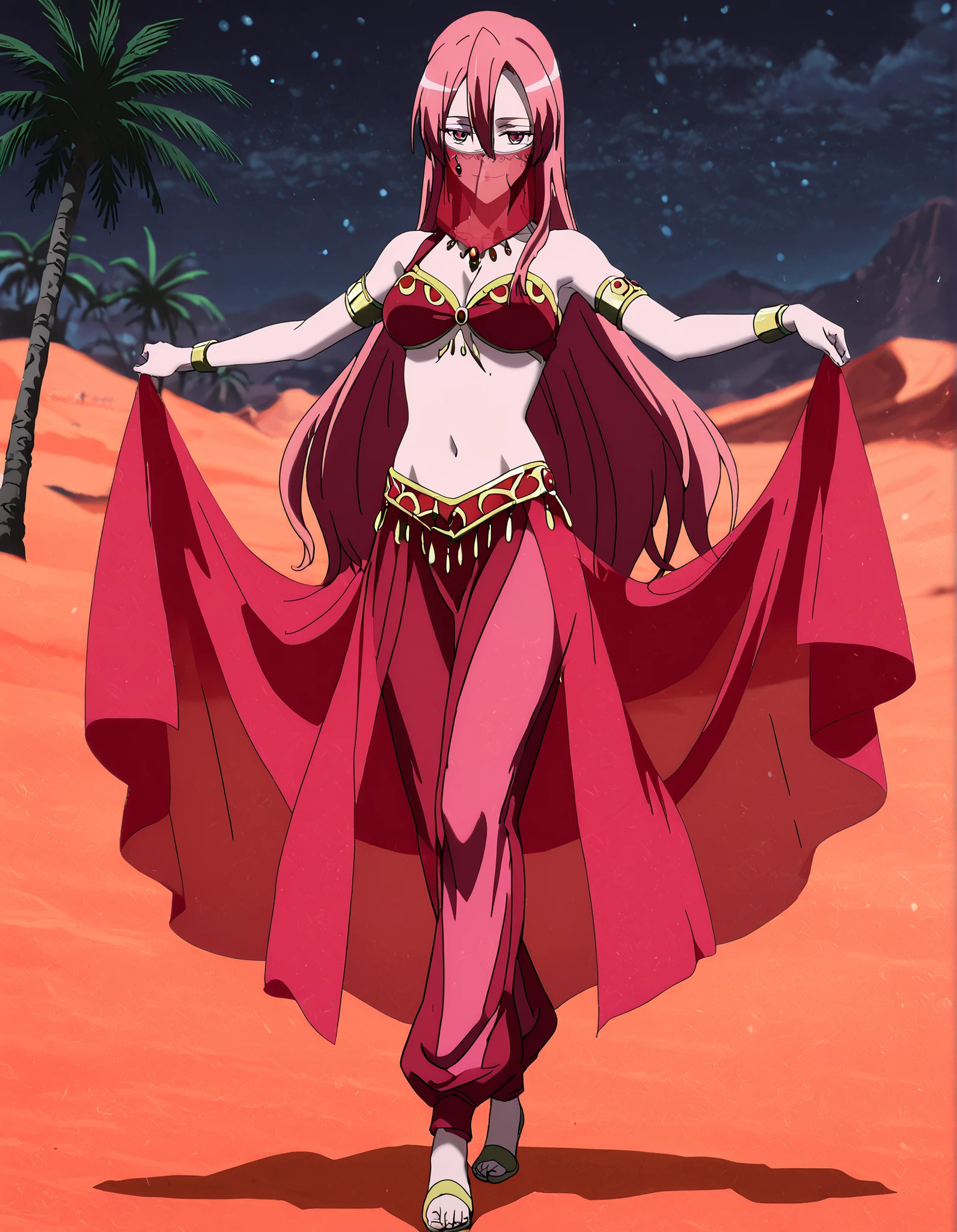 (1girl:1 . 5) , (Seul:1 . 5) , score_9 , score_8_haut , score_7_haut , source_anime , Official work , ultra-detailed , masterpiece , best quality , high resolution , beaux yeux , detailed eyes , Detailed face , beautiful detailed eyes,1girl,pink eyes, hair between eyes, long hair, pink hair, straight hair,Akame ga Kill!,Chelsea,Arabian Clothes , Arabian Dancer Outfit ,belly dancer costume,belly dancer outfit ,full body,golden jewelery,mouth veil,armlet, belly dancing,night,desert lands,palm tree,seductive smile, dancing with veil, dynamic movement,dance posture, pose