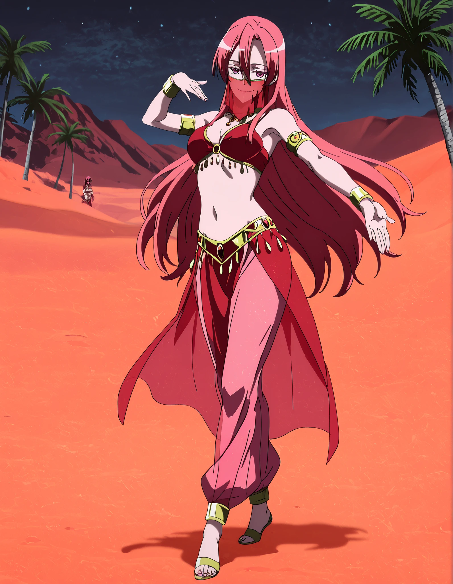 (1girl:1 . 5) , (Seul:1 . 5) , score_9 , score_8_haut , score_7_haut , source_anime , Official work  , ultra-detailed , masterpiece , best quality , high resolution , beaux yeux , detailed eyes , Detailed face , beautiful detailed eyes,1girl,pink eyes, hair between eyes, long hair, pink hair, straight hair,Akame ga Kill!,Chelsea,Arabian Clothes , Arabian Dancer Outfit ,belly dancer costume,belly dancer outfit ,full body,golden jewelery,mouth veil,armlet, belly dancing,night,desert lands,palm tree,seductive smile, dancing with veil, dynamic movement,dance posture,  pose