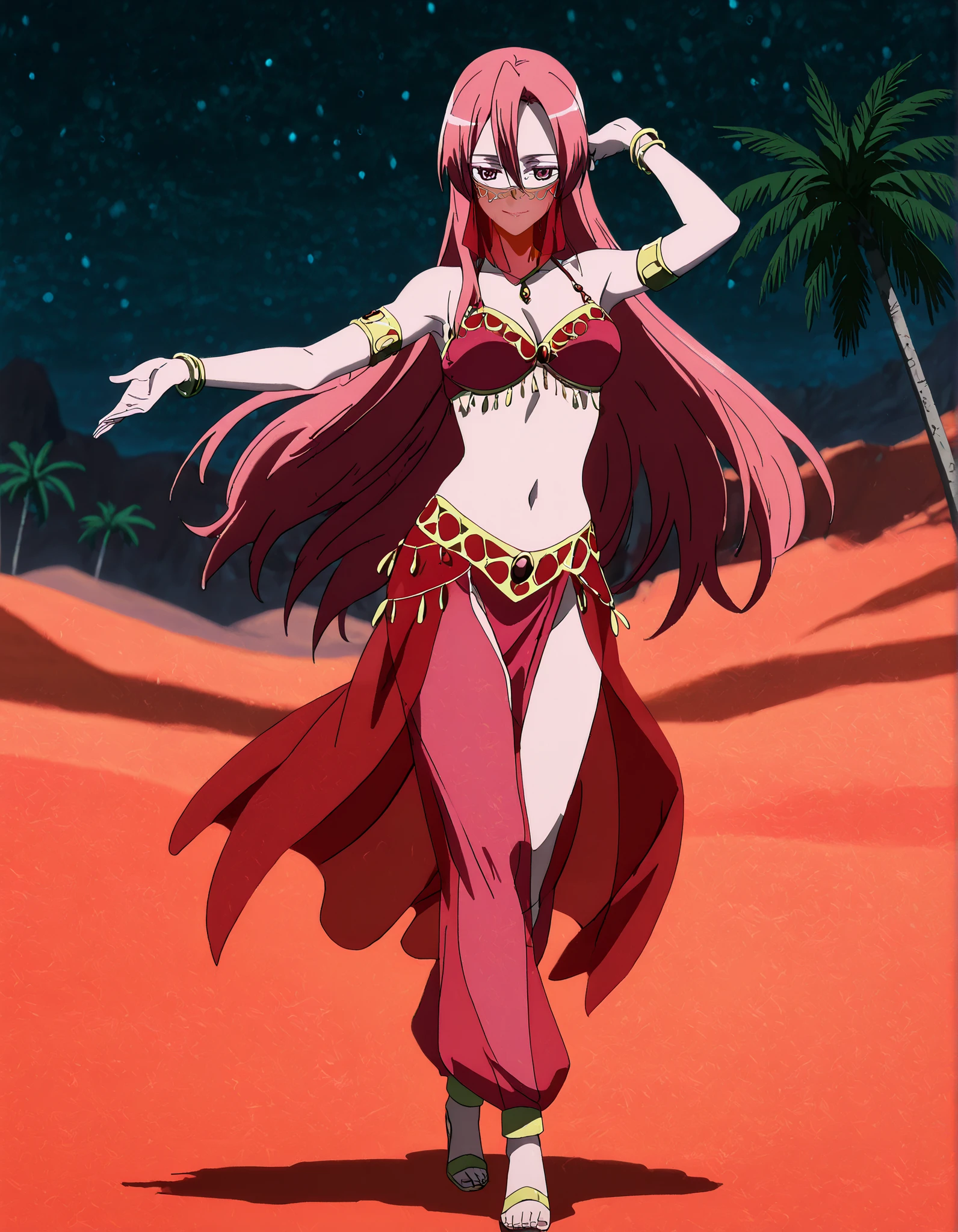 (1girl:1 . 5) , (Seul:1 . 5) , score_9 , score_8_haut , score_7_haut , source_anime , Official work  , ultra-detailed , masterpiece , best quality , high resolution , beaux yeux , detailed eyes , Detailed face , beautiful detailed eyes,1girl,pink eyes, hair between eyes, long hair, pink hair, straight hair,Akame ga Kill!,Chelsea,Arabian Clothes , Arabian Dancer Outfit ,belly dancer costume,belly dancer outfit ,full body,golden jewelery,mouth veil,armlet, belly dancing,night,desert lands,palm tree,seductive smile, dancing with veil, dynamic movement,dance posture,  pose