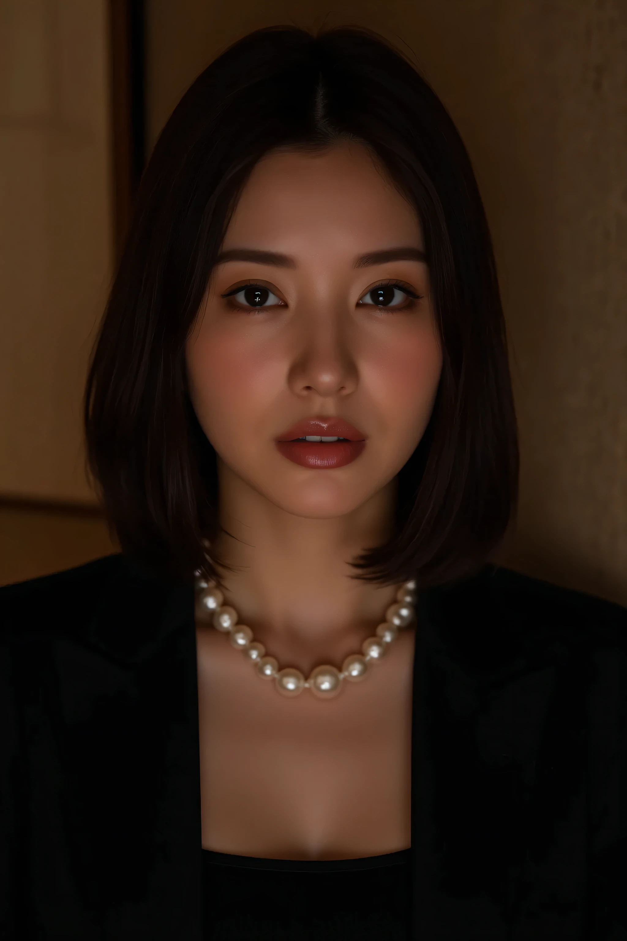 (Highest Quality、greatest masterpiece、8k、best image quality、winning works)、(beautiful 40 year old mature woman:1.4)、 Perfect and beautiful composition 、(Black Long Sleeve Jacket:1.2)、(black U-neck inner shirt:1.4)、(Disconnect:1.2)、Wrinkled Old Face、big boobs、(formal short hair :1.2)、(face close-up:1.3)、(PERFECT LARGE PEARL NECKLACE:1.3)、standing gracefully、Modest Light Makeup、 Ultra High Resolution Beautiful Face 、ultra high definition hair、Super High Resolution Sparkling Eyes、Super Hi-Res Gloss Lip、Accurate Anatomy、(It's dim、Elegant Japanese-style room background that makes your forehead stand out:1.5)、(A dim Japanese-style room with only warm lamp lights:1.5)、(Aged Face with No Sad Expressions :1.5)、sliding door、Shoji screen、tatami、(warm lamp backlight:1.5)、(lamp that exposes the forehead:1.5)