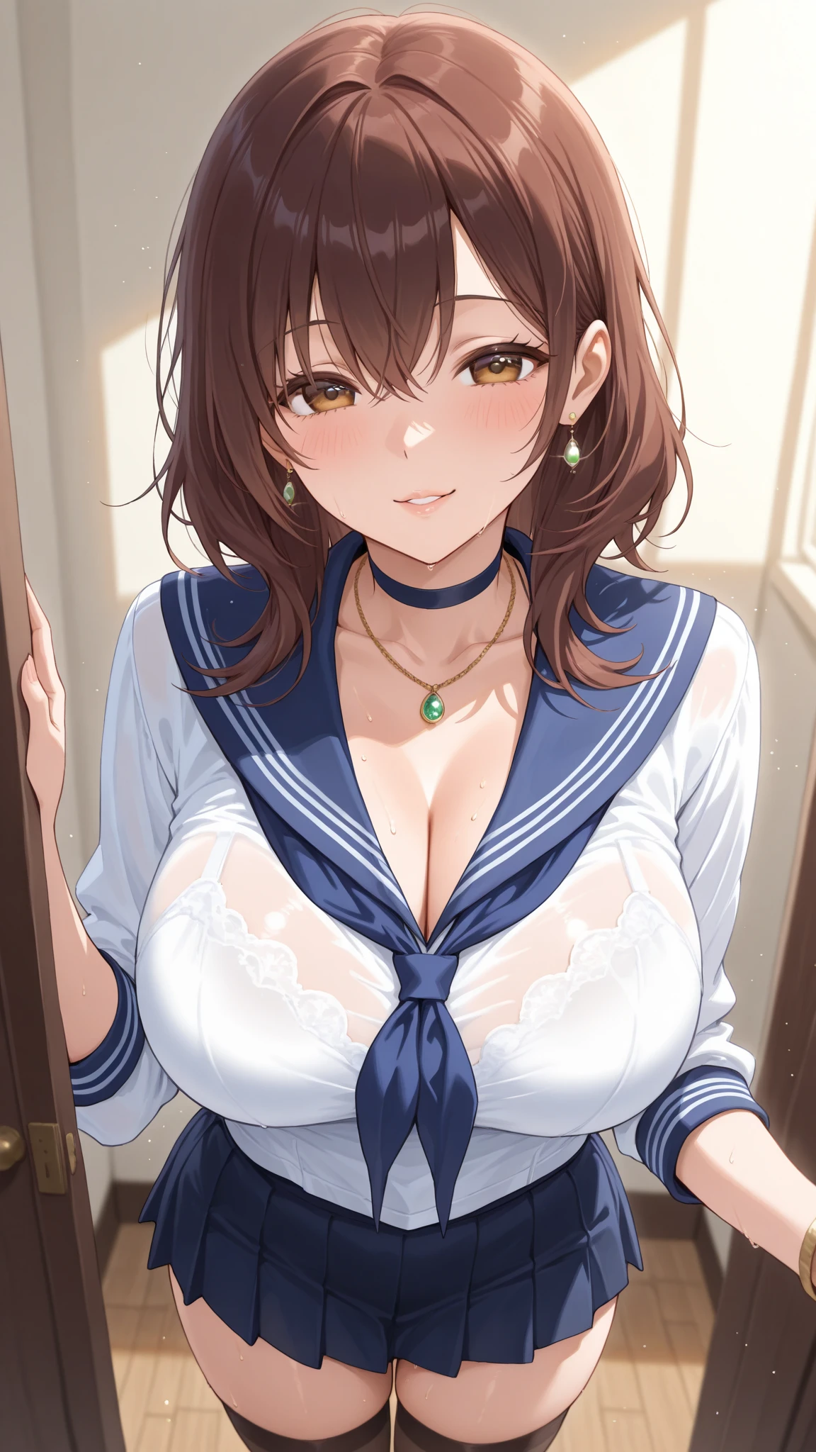 ((Tabletop, Highest quality, High resolution, , Pixel Perfect, 4K, ))), Beautiful woman,, alone, beauty、The whole body is visible、 (((Sexy Witch Cosplay), Long dark blonde wavy hair、Off-the-shoulder jacket,　Dark blue flared skirt、Black knee-high stockings、Gold Hair Ornament、Gorgeous necklace、Earrings、, bangs, Brown Hair)), ((Brown eyes, Beautiful eyelashes, Realistic eyes)), ((Detailed face, Blushing:1.2)), ((Smooth texture:0.75, Realistic texture:0.65, Realistic:1.1, Anime CG Style)), Center of chest, Dynamic Angle, Perfect body, ((,)), Showing cleavage、、Very embarrassing panic smile, 、Big Castle Library、Sitting on the floor、Big magic book on the desk、look up、Cute shy smile、(Stick your butt out、、 are slightly visible、Pink lace  are slightly visible、)、Angle from below