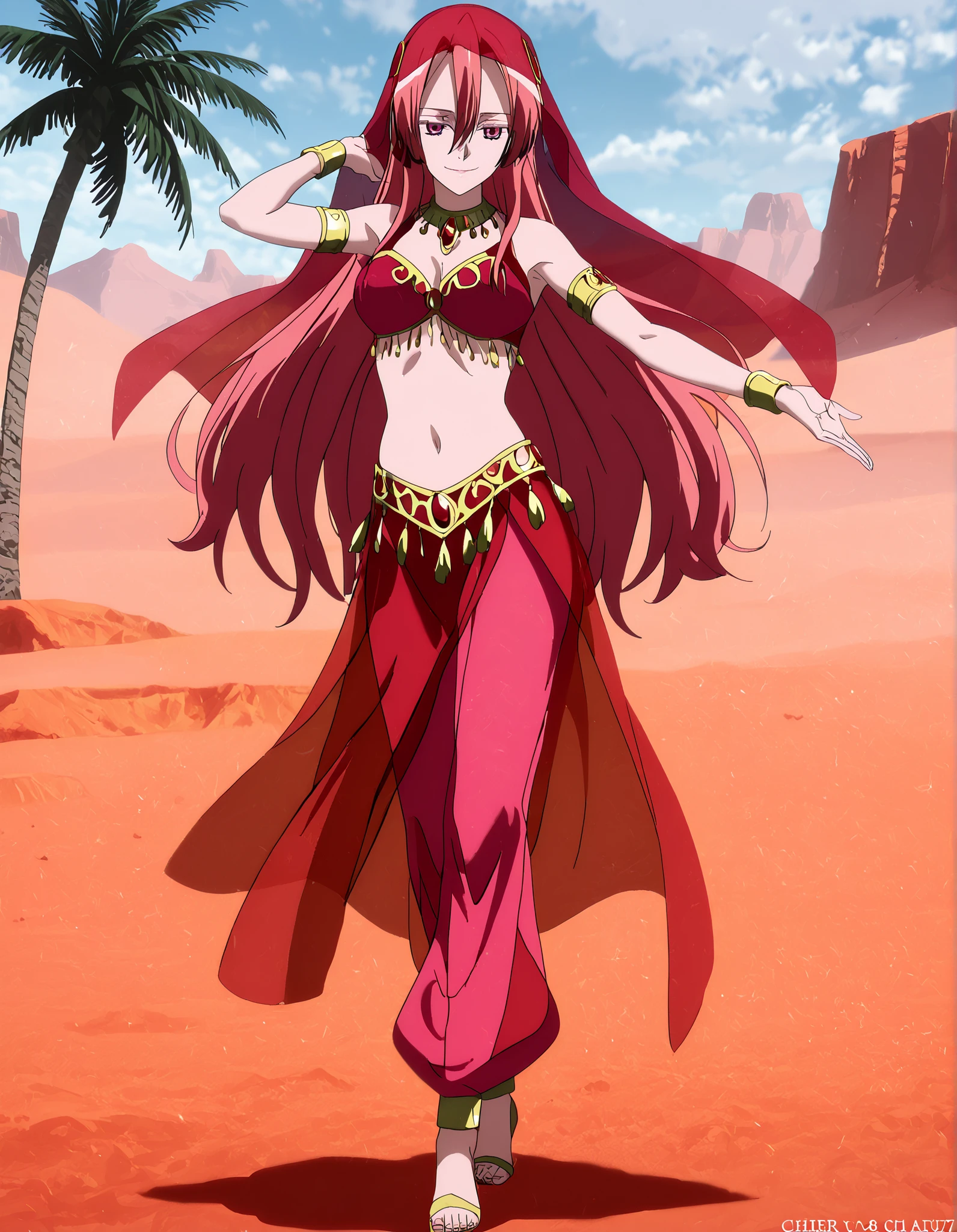(1girl:1 . 5) , (Seul:1 . 5) , score_9 , score_8_haut , score_7_haut , source_anime , Official work  , ultra-detailed , masterpiece , best quality , high resolution , beaux yeux , detailed eyes , Detailed face , beautiful detailed eyes,1girl,pink eyes, hair between eyes, long hair, pink hair, straight hair,Akame ga Kill!,Chelsea,Arabian Clothes , Arabian Dancer Outfit ,belly dancer costume,belly dancer outfit ,full body,golden jewelery,armlet, belly dancing,desert lands,palm tree,seductive smile, dancing with veil, dynamic movement,dance posture,  pose
