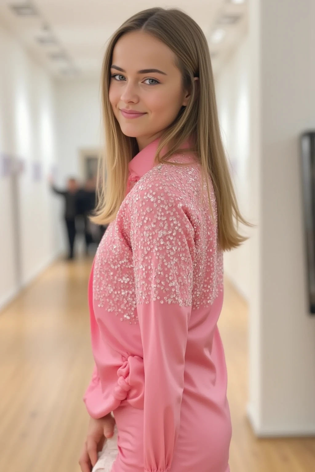 Create an image of a beautiful girl TV presenter dressed elegantly in jeans clothing ready for a report or an interview standing and in the pose of a formal presenter. With an elegant, luxurious pink sweater made of shiny silk, she also looks tender, happy and talking.. front view smiling ready to be interviewed in front of a camera.