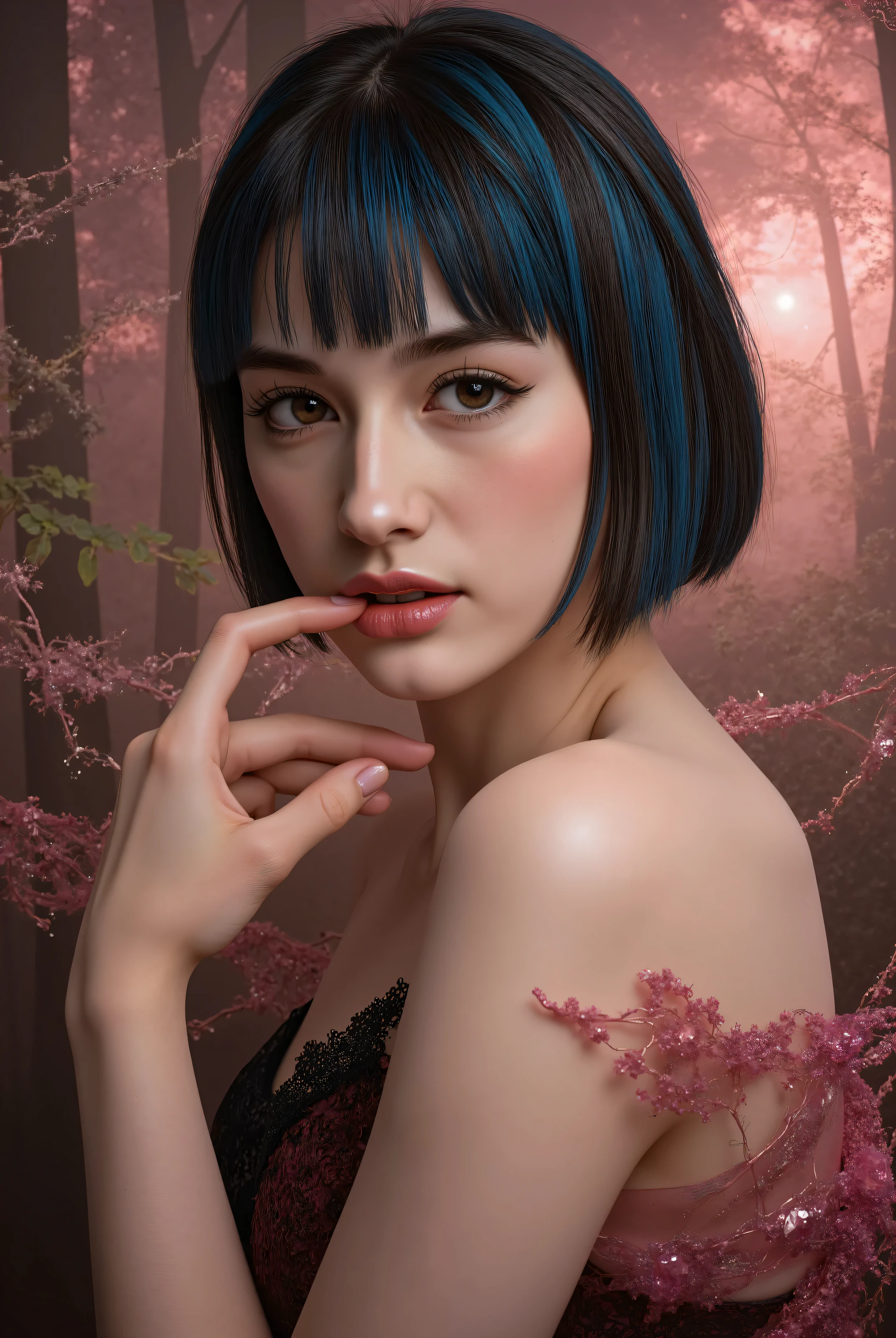 masterpiece,Highest Quality,very detailed,,1girl, She's Biting Her finger, Seraphina_tailor,short cian hair,Sharp Cheekbones ,Tan skin ,big boobs,detailed facial features,realistic skin texture,Classy expression ,Confident Postures,mystical background,Fantasy Forest Environments ,Shining Magical Aura,warm lighting,Digital Painting,4K,8k,high resolution,PHOTOREALISTIC,Physically Based Rendering,Brilliant Colors,Dramatic Lighting