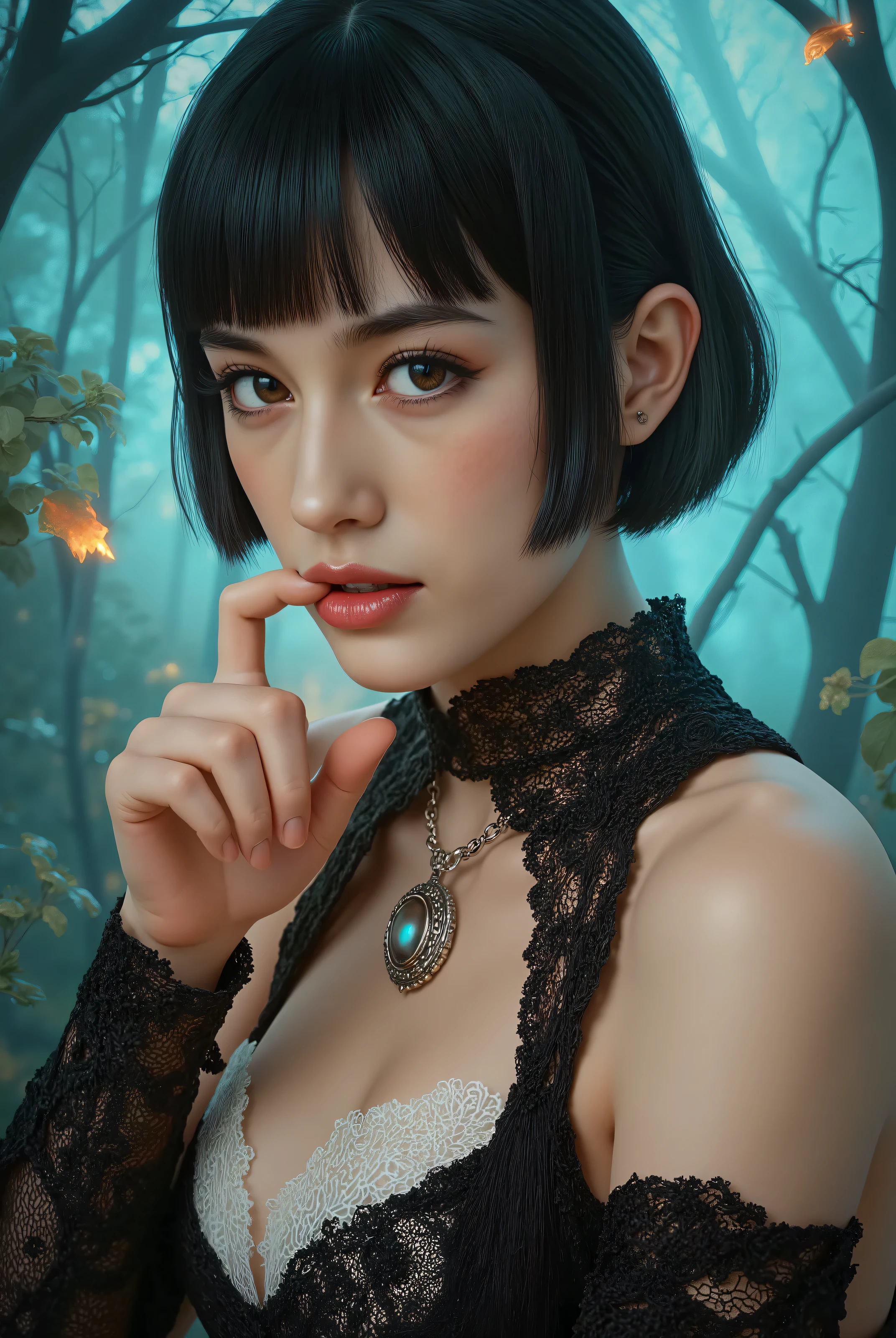 masterpiece,Highest Quality,very detailed,,1girl, She's Biting Her finger, Seraphina_tailor,short cian hair,Sharp Cheekbones ,Tan skin ,big boobs,detailed facial features,realistic skin texture,Classy expression ,Confident Postures,mystical background,Fantasy Forest Environments ,Shining Magical Aura,warm lighting,Digital Painting,4K,8k,high resolution,PHOTOREALISTIC,Physically Based Rendering,Brilliant Colors,Dramatic Lighting