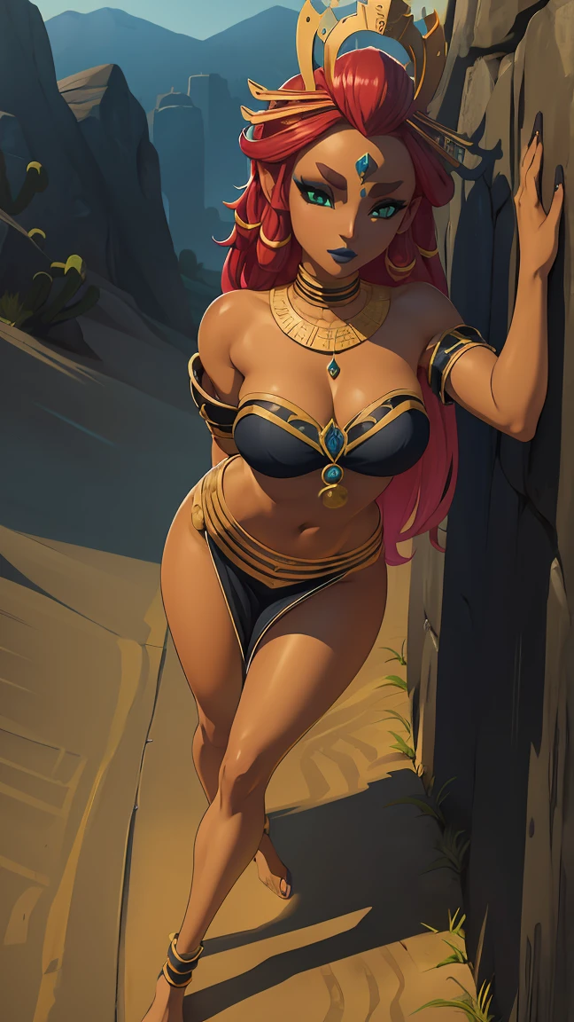 ((high detailed, best quality, 4k, masterpiece, hd:1.3)), ((best quality)), (((HD))), (((8k))), (ultraDH), (ultra HD), green eyes, BREAK green eyes, seductive, attractive, smooth anime cg art, 36C , long legs, vivid colors, slim body, perfect skin, red hair, long hair, light hair, red hair, BREAK crown, cleavage, 36C cleavage, looking at viewer, BREAK looking at viewer, extremely detailed face, earrings, gem, dark blue makeup lips, dark gothic eyeshadows, dark eyeshadows, white eyeshadows, blue  lips, dark lips, very dark lips, (perfect hands, perfect ), light makeup, blue medium lips, blue thick lips, detailed fingers, five fingers per hand, 5 fingers, (1 girl), detailed lips, detailed blue lips, blue painted lips, gothic painted lips, (), (arms outstreched:1.2), (from above:1.1), ( out:1.3), (off shoulder:1.1), (((desert))), full body, walk for desert,  long legs