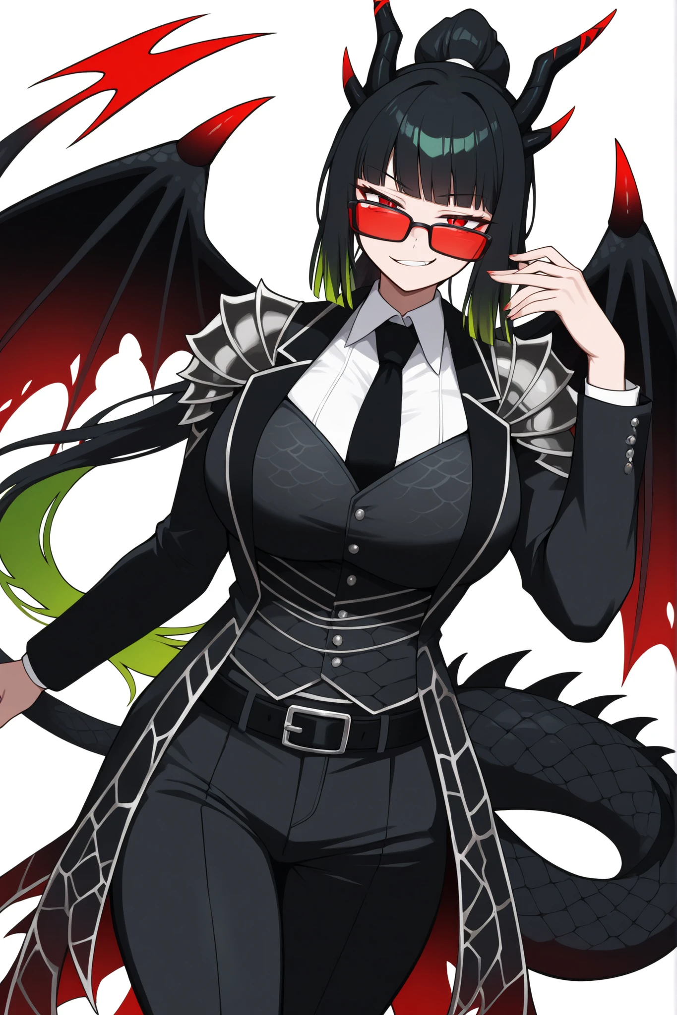 score_7, score_8, score_9, 1girl, solo, cowboy shot, dragon girl, black scales, solo, mature, ryoshu, smirk, long hair, black hair, red eyes, , (ponytail, high ponytail, long ponytail) red glasses, (horns, dragon horns, black horns), (tail, dragon tail, spiked tail, neon green highlights), (wings, small wings, dragon wings, black wings), (tuxedo, long sleeves, black pants), dark gray belt, black tie, black coat, grey pauldrons, simple white background