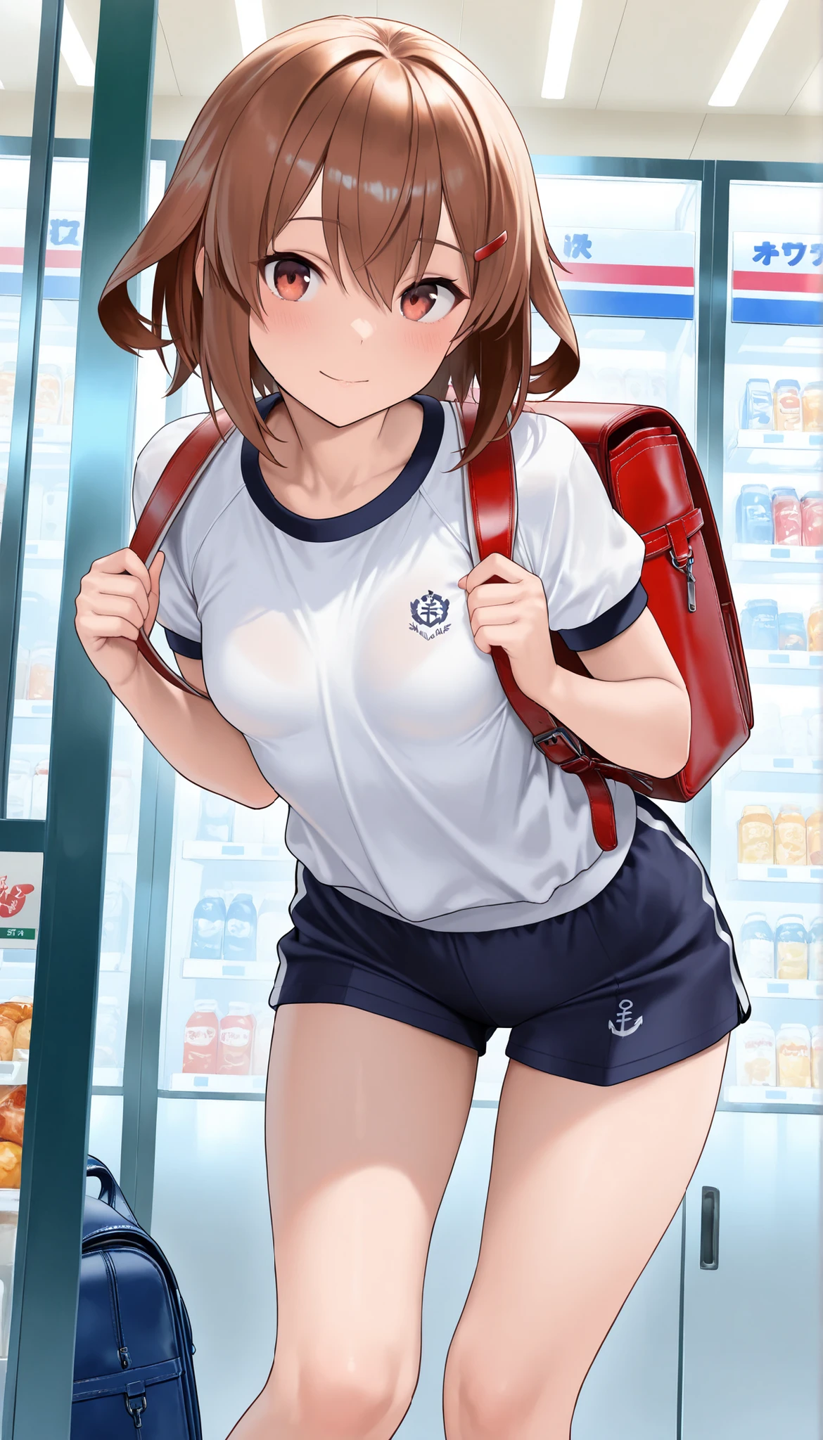 gym storeroom, shigure, ahoge, brown hair, blue eyes, braid, hair ornament, hair over shoulder, long hair, single braid, hair flaps, (masterpiece, best quality:1.2), illustration,8K,HD,long hair, single braid, Clenched fist、White 、White gym clothes、 Peep, good, Wet, From below、Folded up gym clothes、、