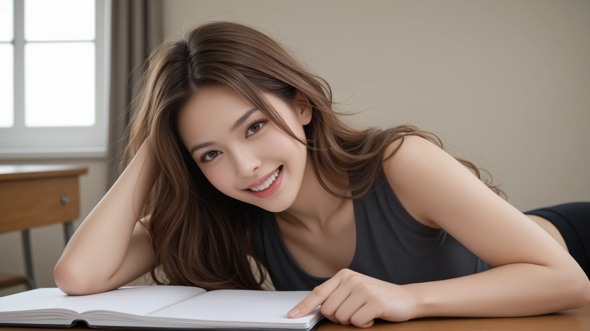 Mathieu Piece, Highest Quality, photorealistic, super detailed, fine-grained, high definition, 8K Wallpaper, 1 beautiful woman,, light brown messy hair, Plain clothes, sharp focus, perfect dynamic composition with a notebook open on the desk, beautiful detailed eyes, detailed hair, realistic skin texture down to the details, close-up portrait, model body type、Late Night、dark room、I'm opening a notebook on my desk、laugh a little、Memories laugh