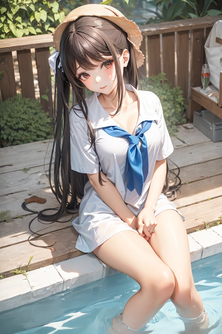 schoolgirls，nakeness，Open the with both hands，In the ???? water，stuck out her tongue，