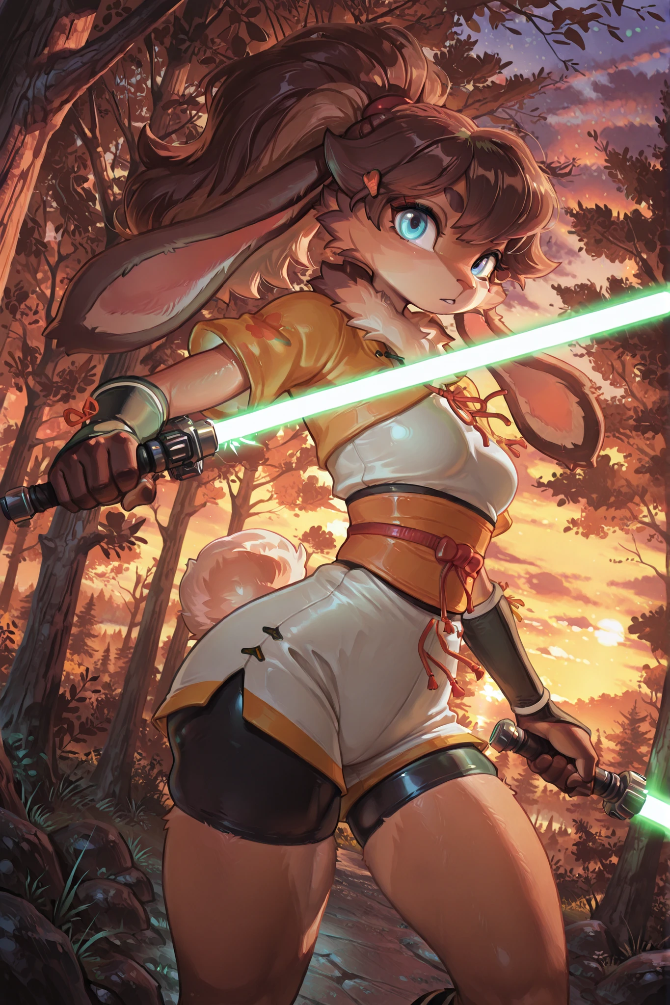 masterpiece, best quality, amazing quality, very aesthetic, high resolution, ultra-detailed, absurdres, newest, scenery, 1girl, rabbit, furry female, blue eyes, looking at the viewer, tail, small , thighs, , female focus, contrast lighting, side lighting, masterpiece, best quality, newest, absurdres, highres, amazing quality, very aesthetic, forest setting, cute eyes, no lineart, cinematic, dynamic angle, solo, sunset, ambient lighting, long hair, brown hair, ponytail, svlop, hair ornaments, body fur, obi, shorts, bike shorts under shorts, solo, (holding a lightsaber, green lightsaber), dynamic pose, (dynamic angle)