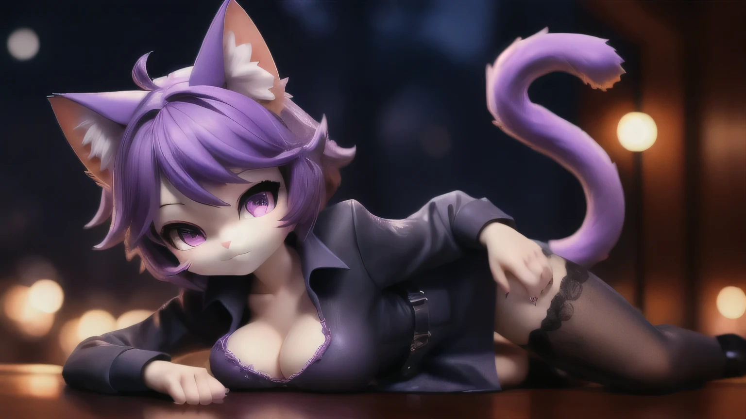  cat girl with a short gun、wearing  clothes、Pistol、night、purple hair