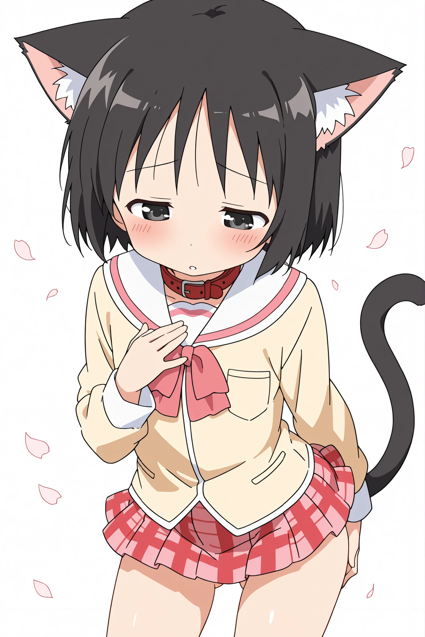 (from above),((fidgeting)),(face focus),nsfw,((anime syale)),score_9, score_8_up, score_7_up, source_anime,shinonome nano,yasuna oribe,short hair, (black eyes),half-closed eyes,(black hair),black Cat ears,black Cat tail,((red leather collar)),(white background),1woman,((cat's tail)),(((solo))),((((mini skirt)))),(ass visible through thighs),(((A glimpse of her thighs))), long sleeves, school uniform, plaid, red skirt, plaid skirt, tokisadame school uniform,((hand on chest)),(downward-facing face),((looking down)),((blush)),((hand on ass)),Flying petals,
embarrassing,parted lips,((contrapposto)),leaning forward,