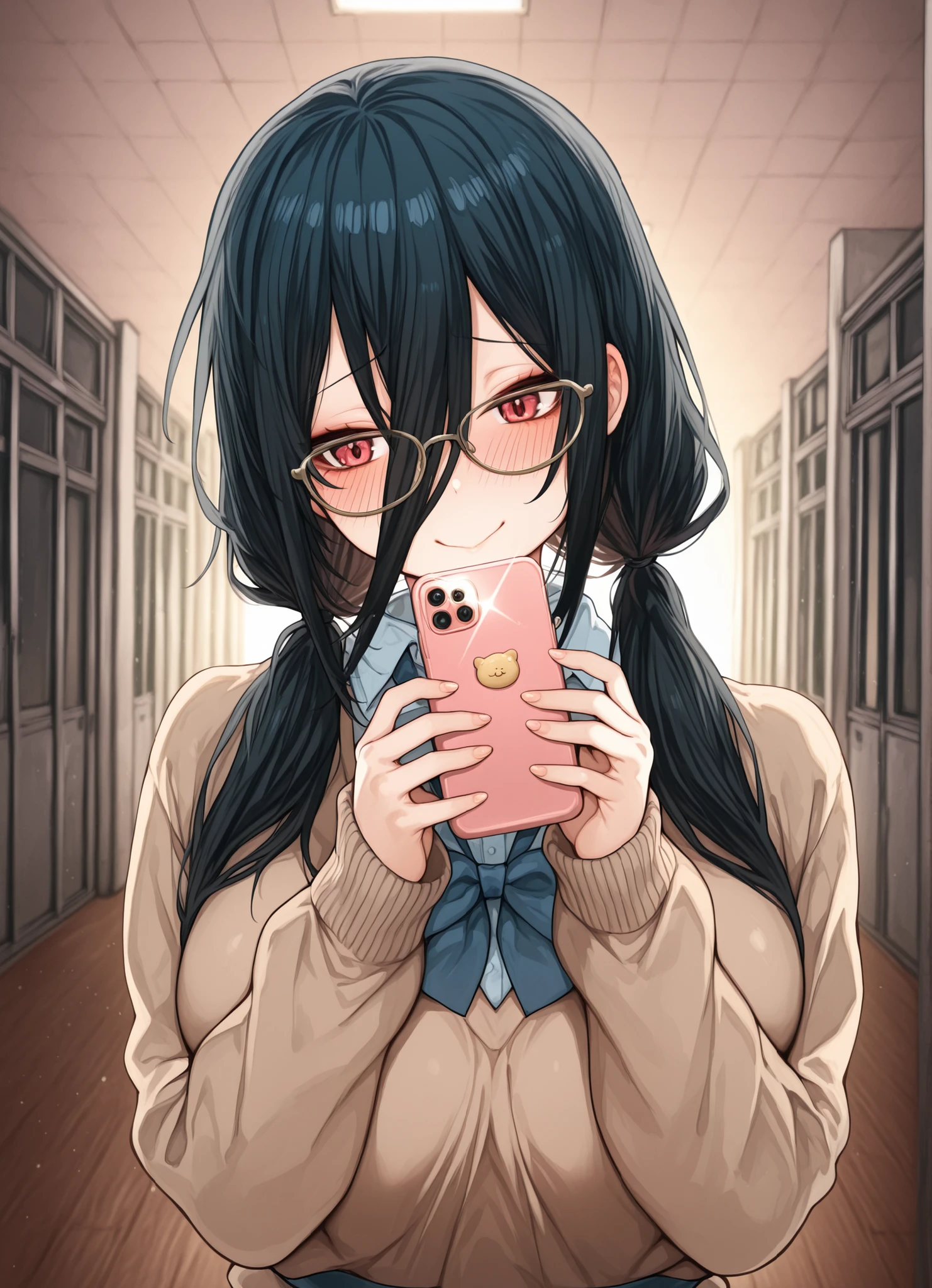 score_9, score_8_up, score_7_up, source_anime, 1 girl, nerdy girl, glasses, dumb smile, shy, twintails, cellphone, hipnosis app,Big , school Outfit, másterpiece, absurd, no letters,black hair, mechón de pelo, long bangs between eyes,hypnosis screen, blush, shy
