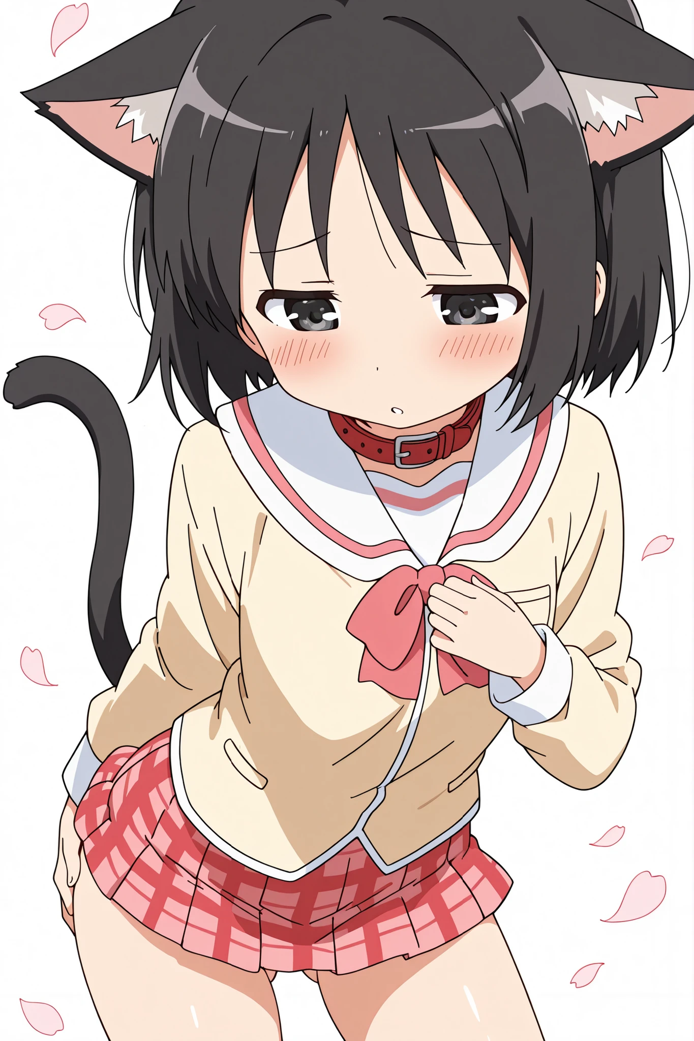 ((from above)),((fidgeting)),((face focus)),nsfw,((anime syale)),score_9, score_8_up, score_7_up, source_anime,shinonome nano,yasuna oribe,short hair, (black eyes),half-closed eyes,(black hair),black Cat ears,black Cat tail,((red leather collar)),(white background),1woman,((cat's tail)),(((solo))),((((mini skirt)))),(ass visible through thighs),(((A glimpse of her thighs))), long sleeves, school uniform, plaid, red skirt, plaid skirt, tokisadame school uniform,((hand on chest)),(downward-facing face),((looking down)),((blush)),((hand on ass)),Flying petals,
embarrassing,parted lips,((contrapposto)),leaning forward,(knee)