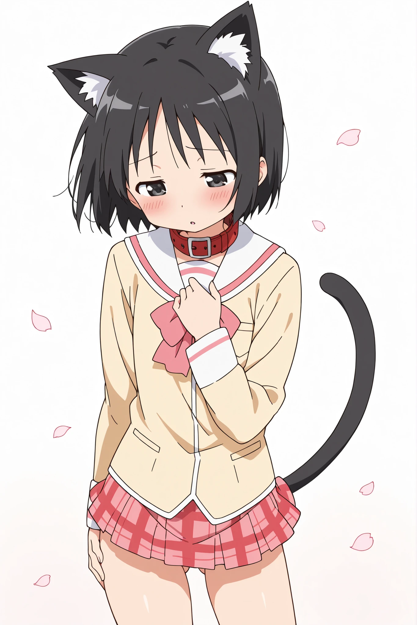 ((from above)),((fidgeting)),((face focus)),nsfw,((anime syale)),score_9, score_8_up, score_7_up, source_anime,shinonome nano,yasuna oribe,short hair, (black eyes),half-closed eyes,(black hair),black Cat ears,black Cat tail,((red leather collar)),(white background),1woman,((cat's tail)),(((solo))),((((mini skirt)))),(ass visible through thighs),(((A glimpse of her thighs))), long sleeves, school uniform, plaid, red skirt, plaid skirt, tokisadame school uniform,((hand on chest)),(downward-facing face),((looking down)),((blush)),((hand on ass)),Flying petals,
embarrassing,parted lips,((contrapposto)),leaning forward,(wind)