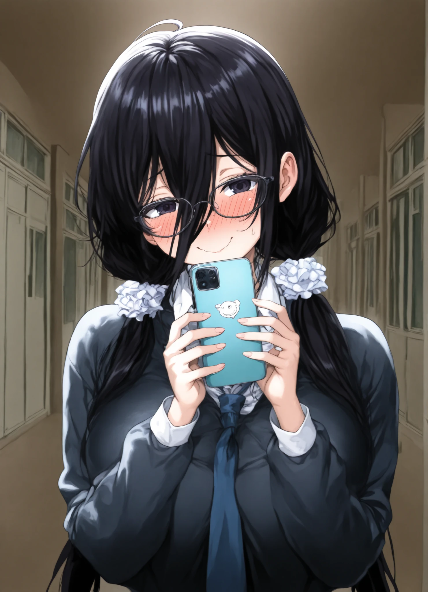 score_9, score_8_up, score_7_up, source_anime, 1 girl, nerdy girl, glasses, dumb smile, shy, twintails, cellphone, hipnosis app,Big breast, school Outfit, másterpiece, absurd, no letters,black hair, mechón de pelo, long bangs between eyes,hypnosis screen, blush, shy