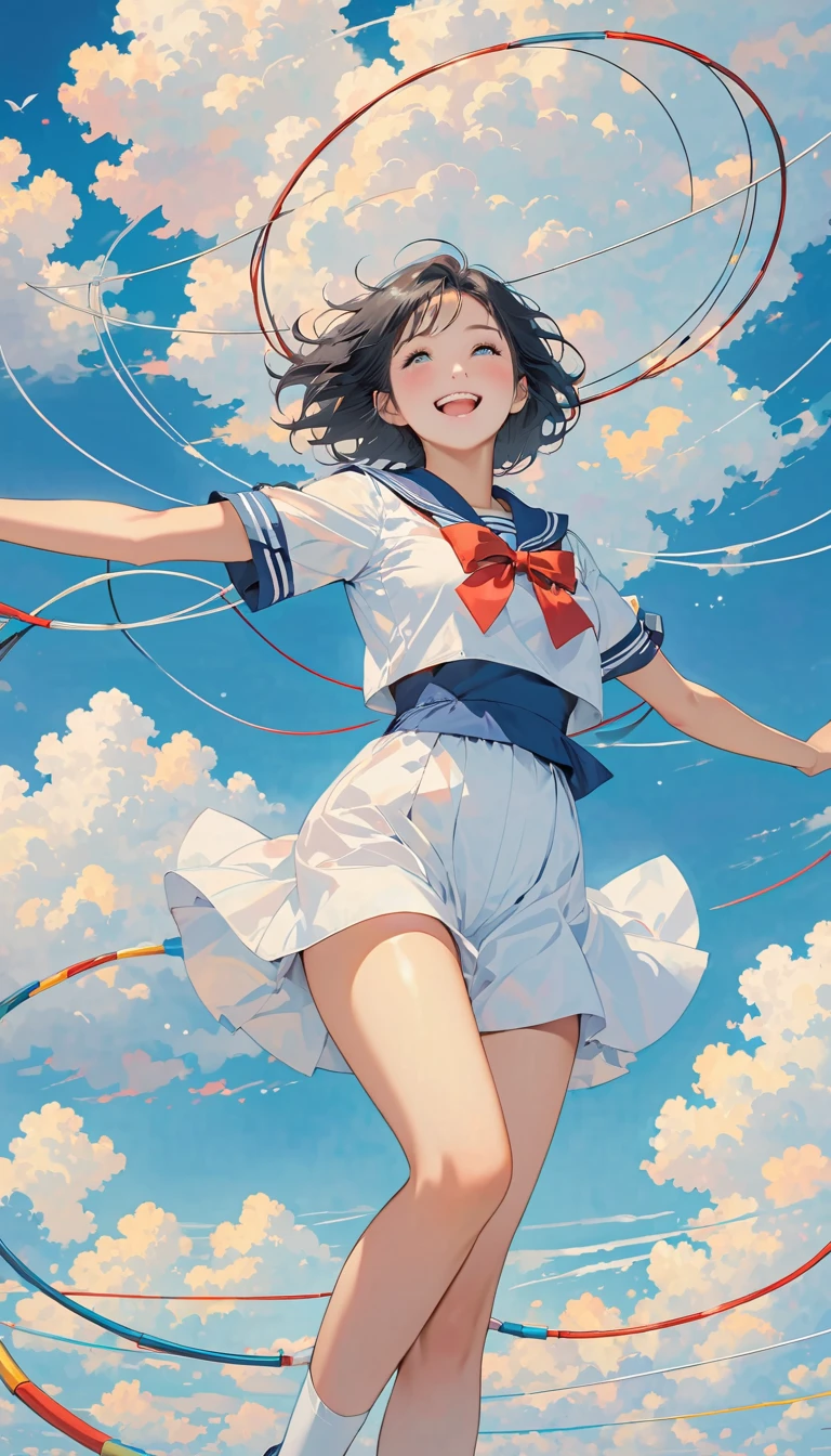 A girl spreading her body and flying in the sky（smile、White dress）、The continent is lush、There is a small village